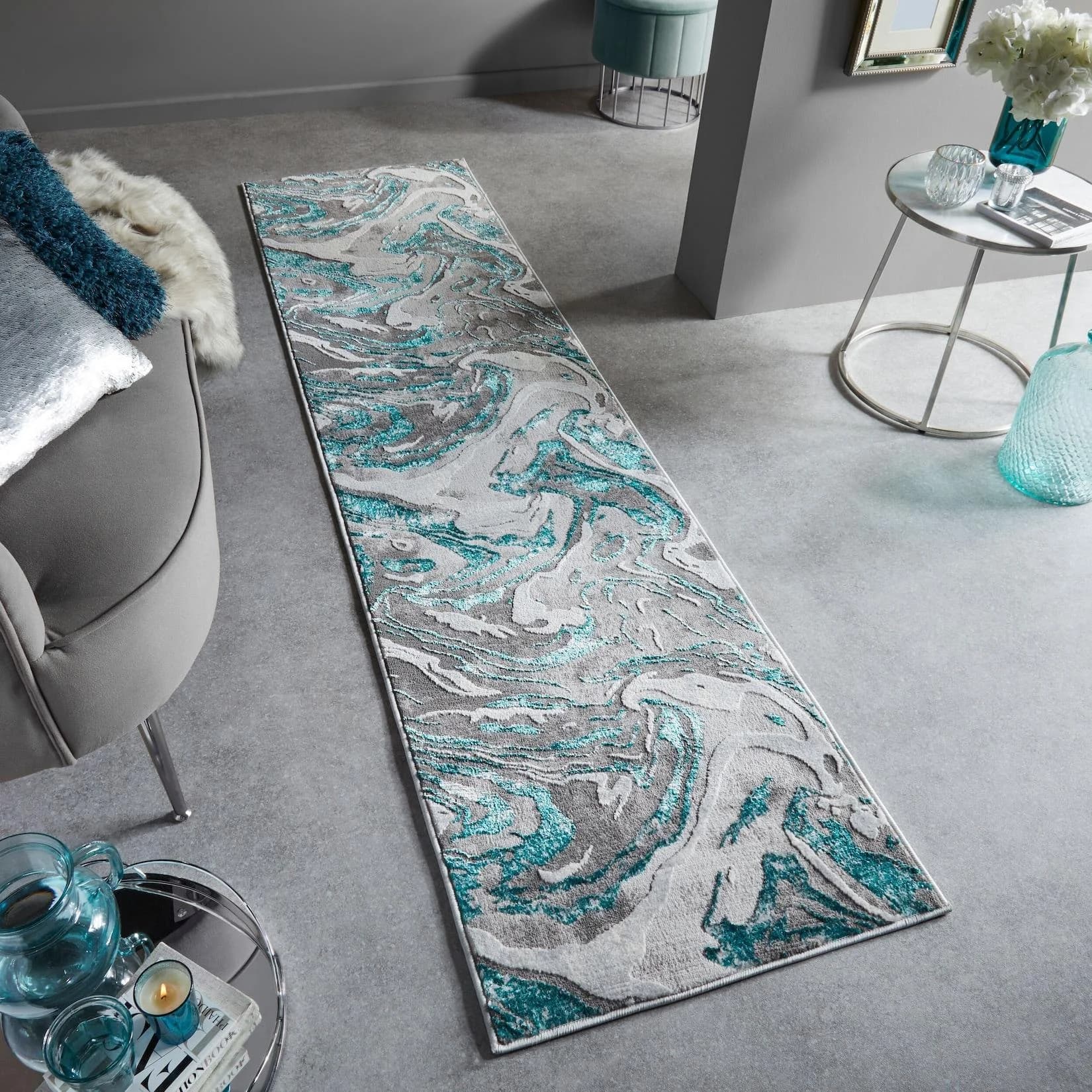 Kadima Design Teppich-Läufer OUSE Grün-Grau Marmorwirbel