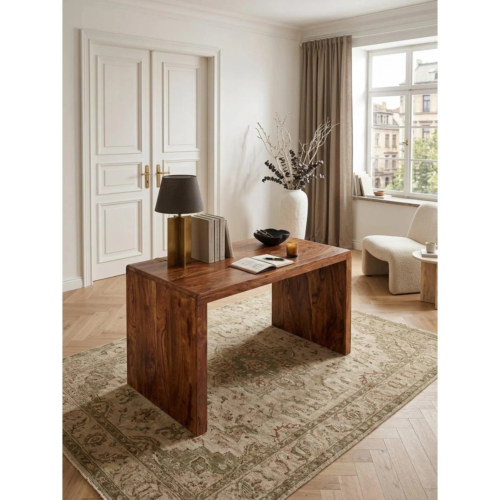 KADIMA DESIGN Schreibtisch Massivholz Ablage Landhausstil BOHA Dunkelbraun