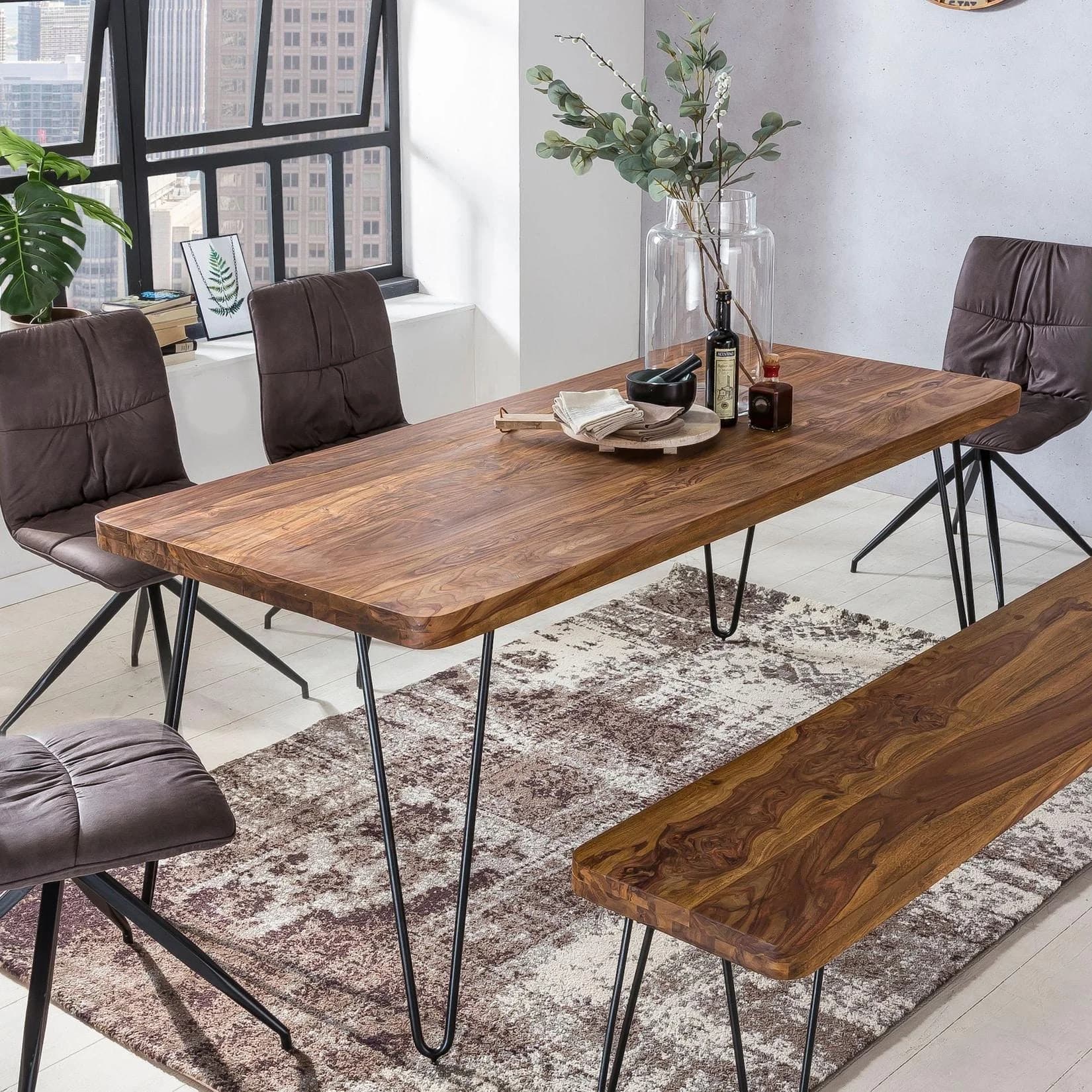 BAGLI Esstisch Massivholz Metallbeine Landhausstil Dunkelbraun