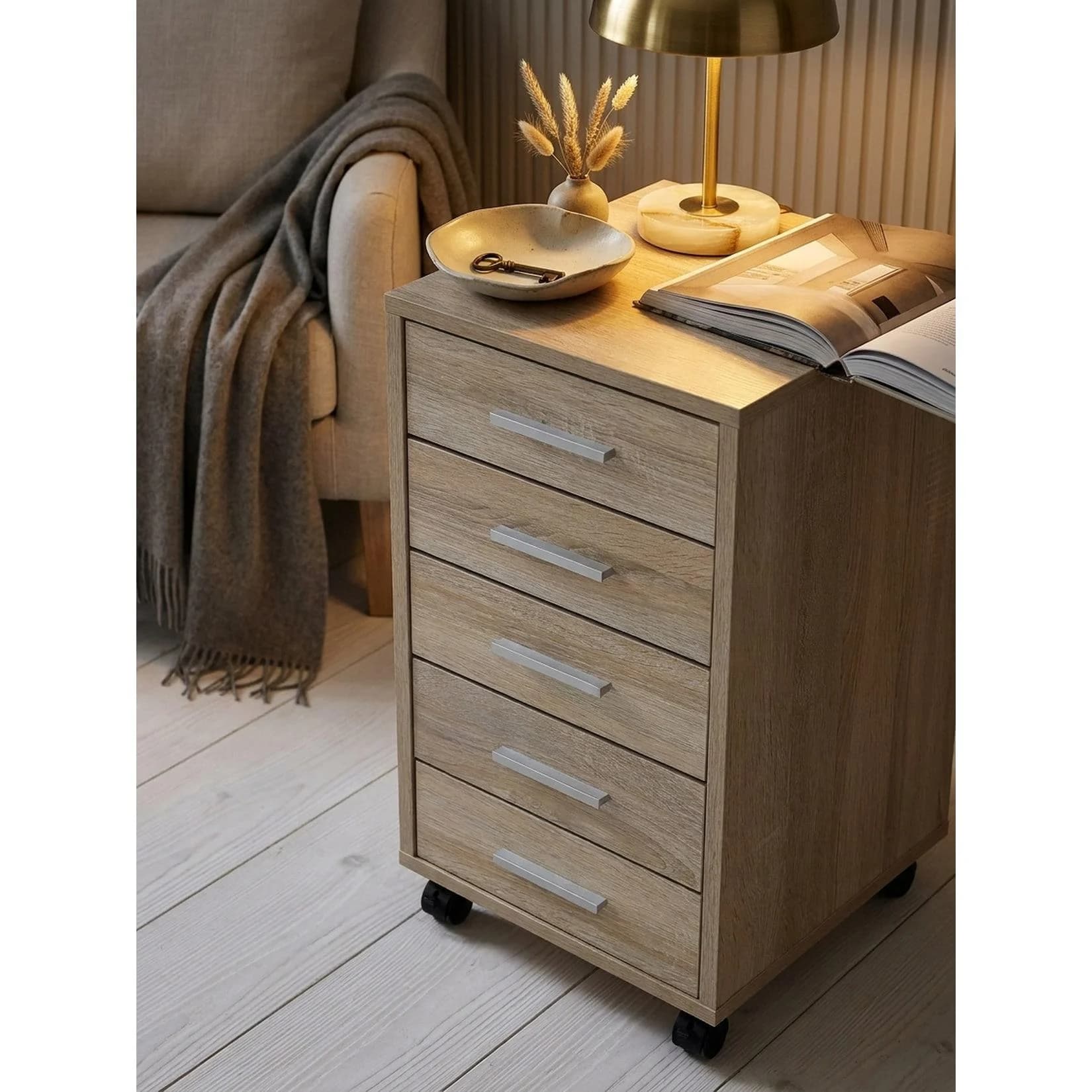 KADIMA DESIGN Rollcontainer Holz 5 Schubladen Schmal Mit Rollen Sonoma