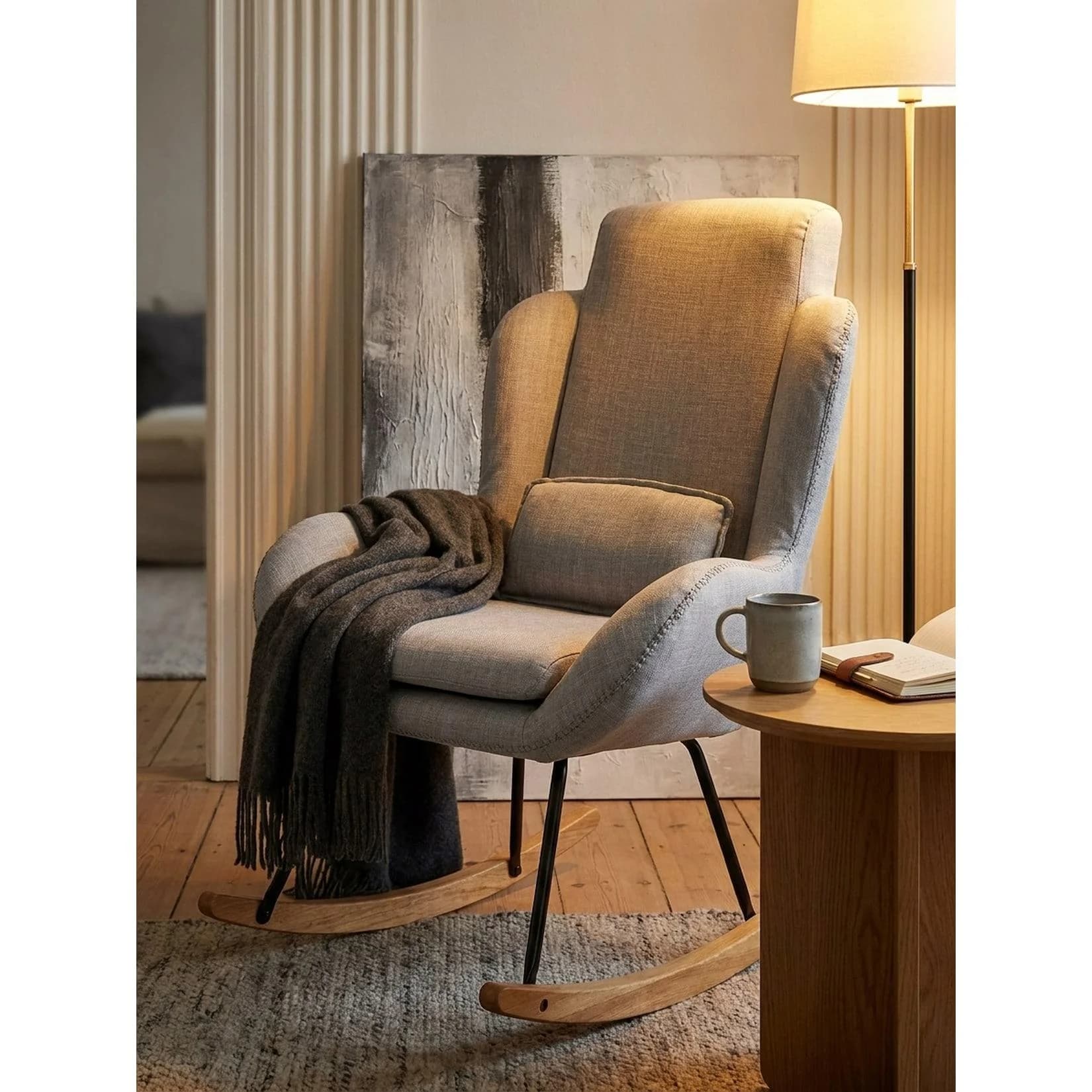 KADIMA DESIGN Schaukelstuhl CAPRI Grau Stoff Holz Wippfunktion Hochlehne