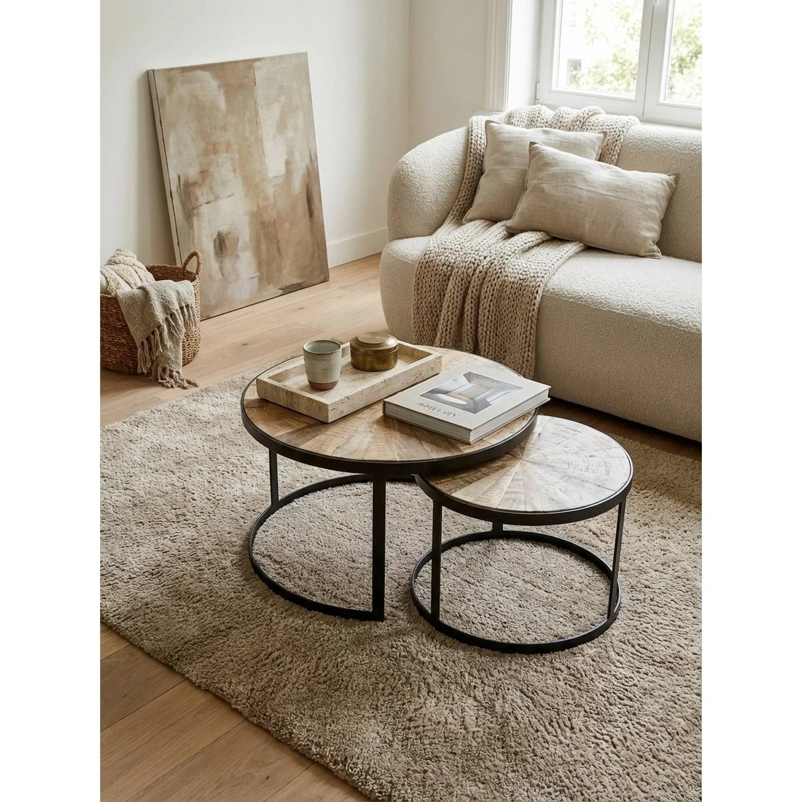 KADIMA DESIGN Couchtisch 2er Set Rund Massivholz Metall Industrial Style