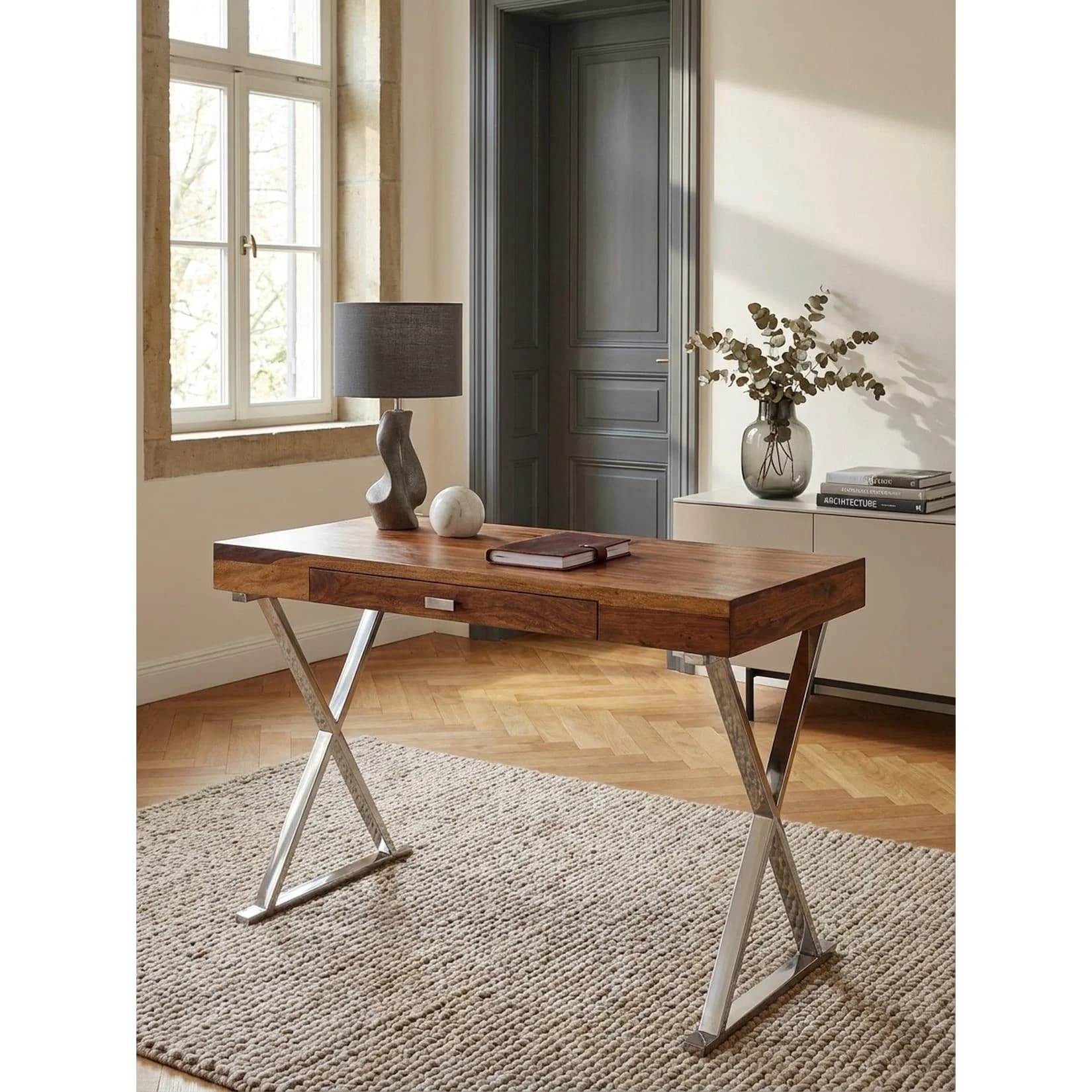 KADIMA DESIGN Schreibtisch Massivholz Metallgestell Braun-Silber