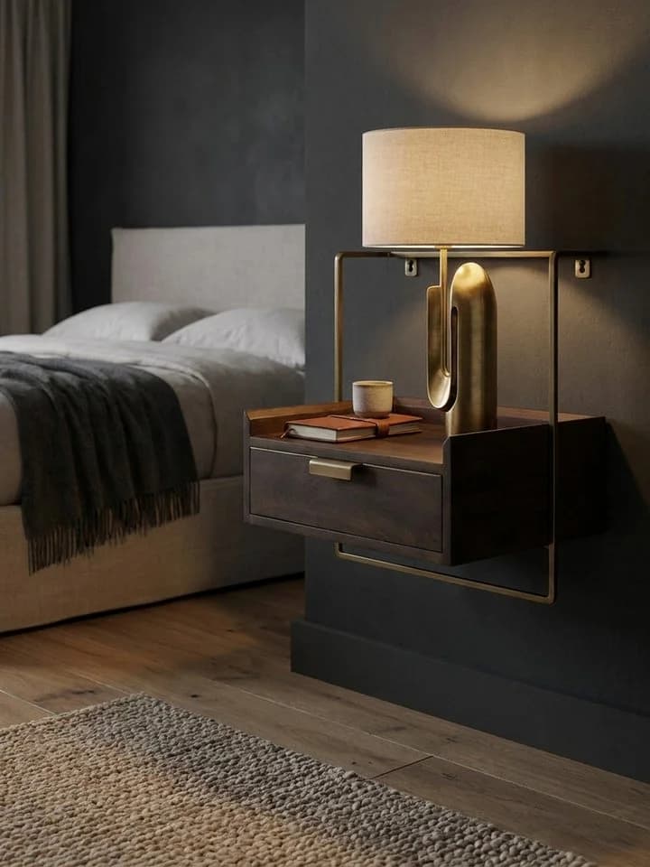 KADIMA DESIGN Nachttisch Wandmontage Mango Massivholz Dunkelbraun Gold