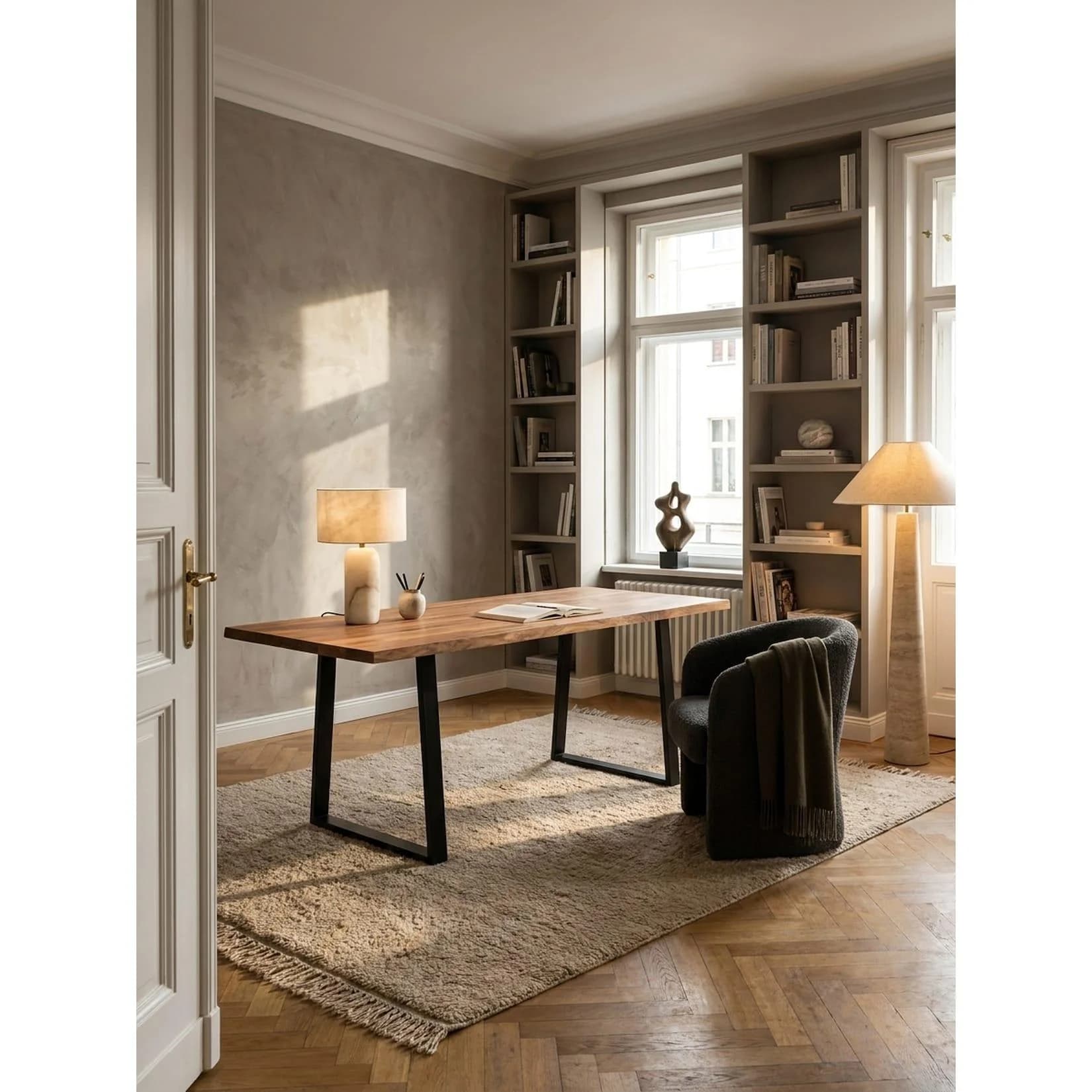 KADIMA DESIGN Schreibtisch Massivholz Akazie Baumkante Trapezgestell