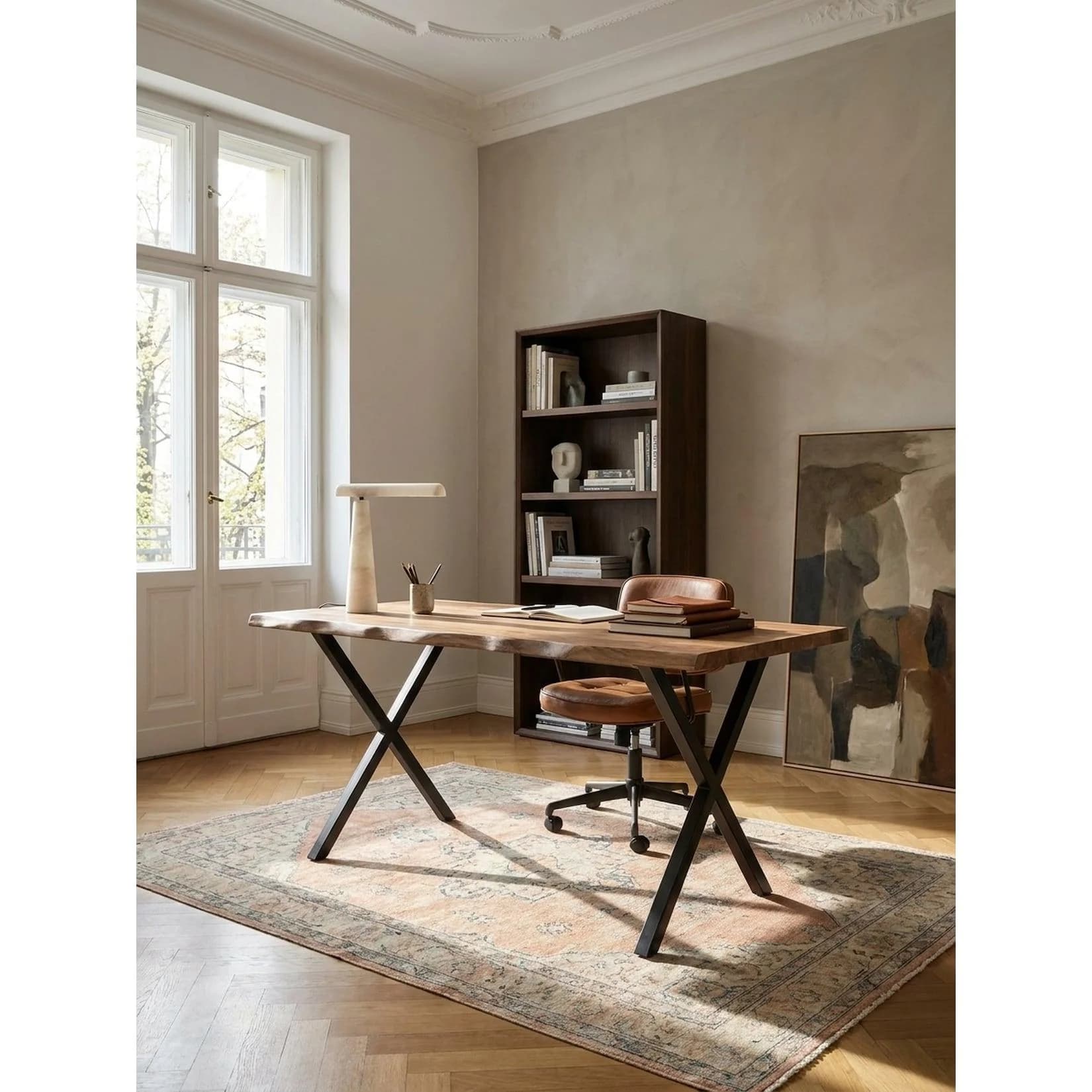 KADIMA DESIGN Schreibtisch Massivholz Baumkante X-Gestell Akazie