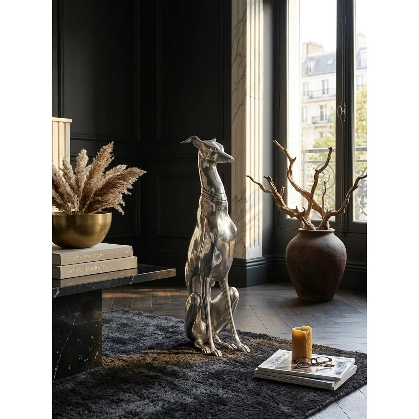 KADIMA DESIGN Dekofigur Windhund Aluminium Silber 70 cm