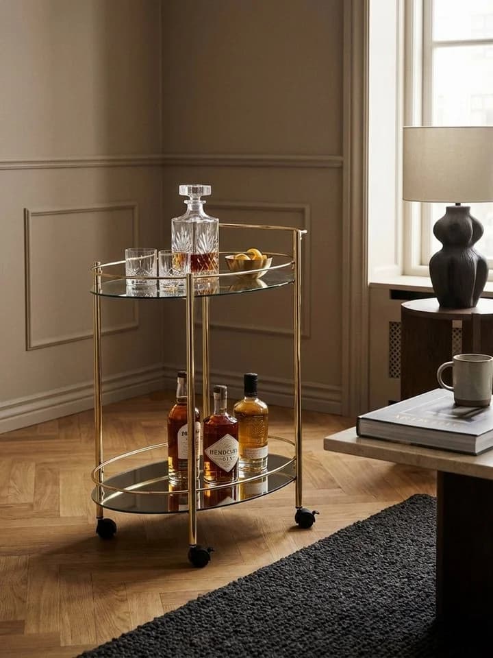 KADIMA DESIGN Servierwagen Gold mit Glasplatten und Rollen
