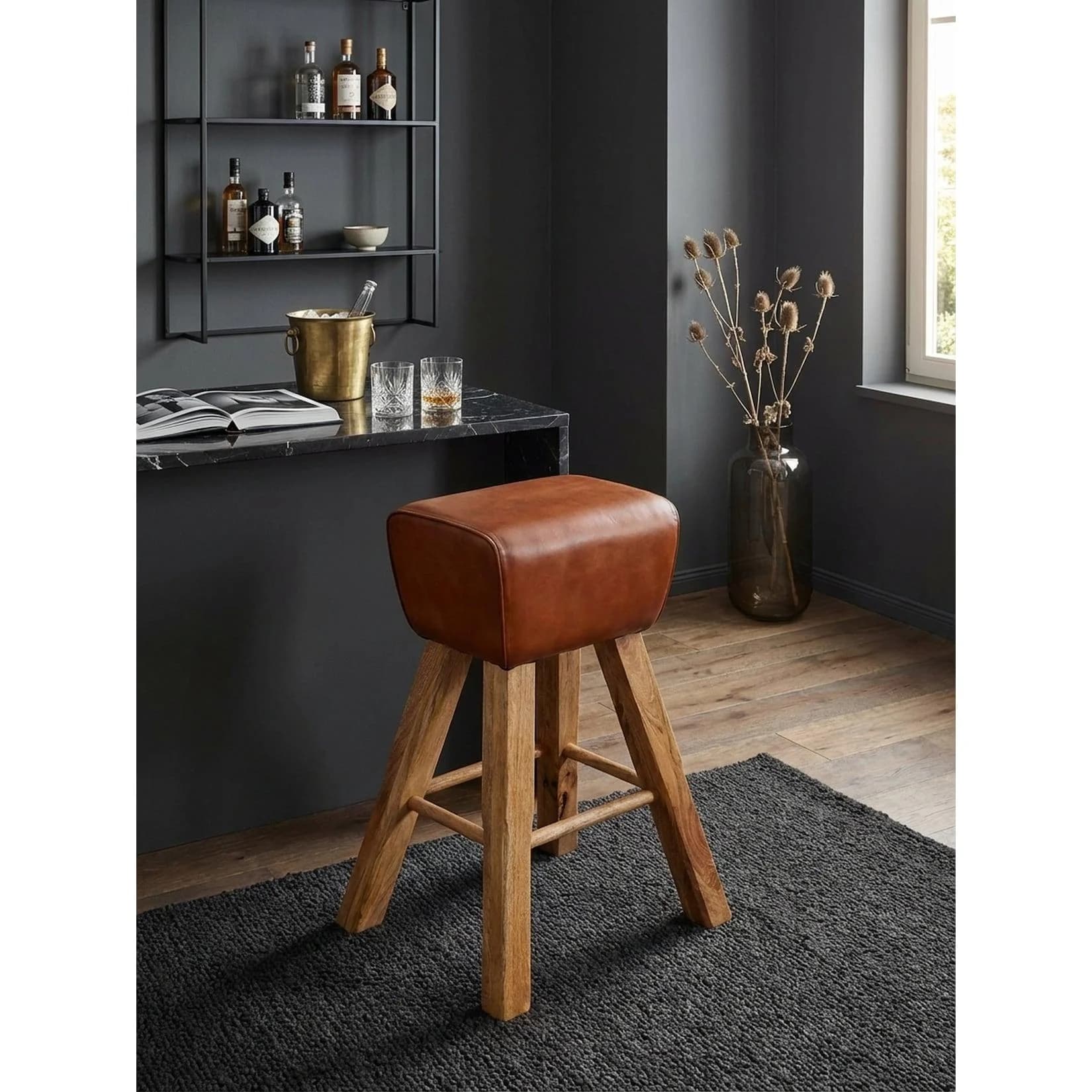 KADIMA DESIGN Barhocker Turnbock Design Mango Massivholz Echtleder Braun