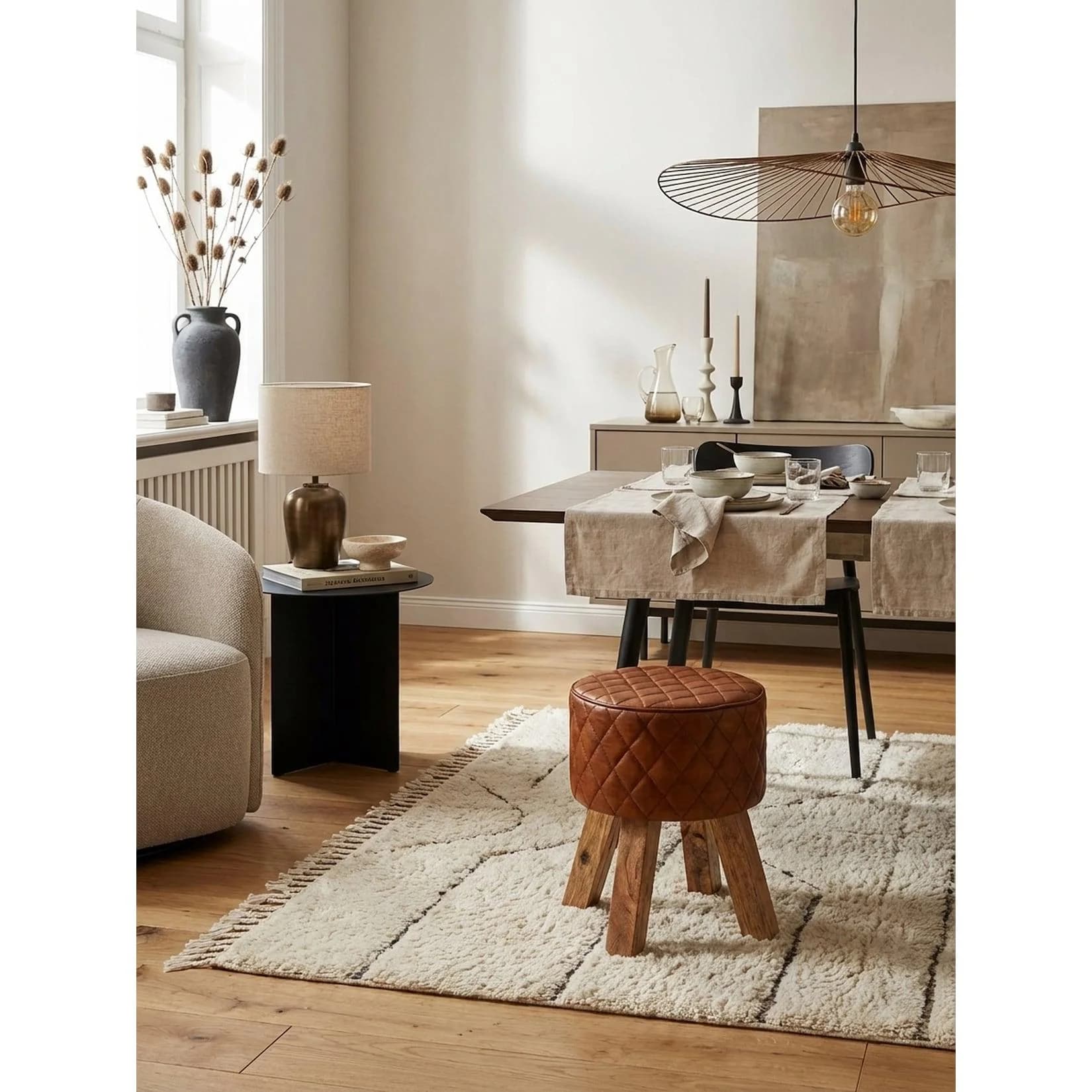 KADIMA DESIGN Sitzhocker Echtleder Massivholz 35x46x35 cm rund Turnbock-Design