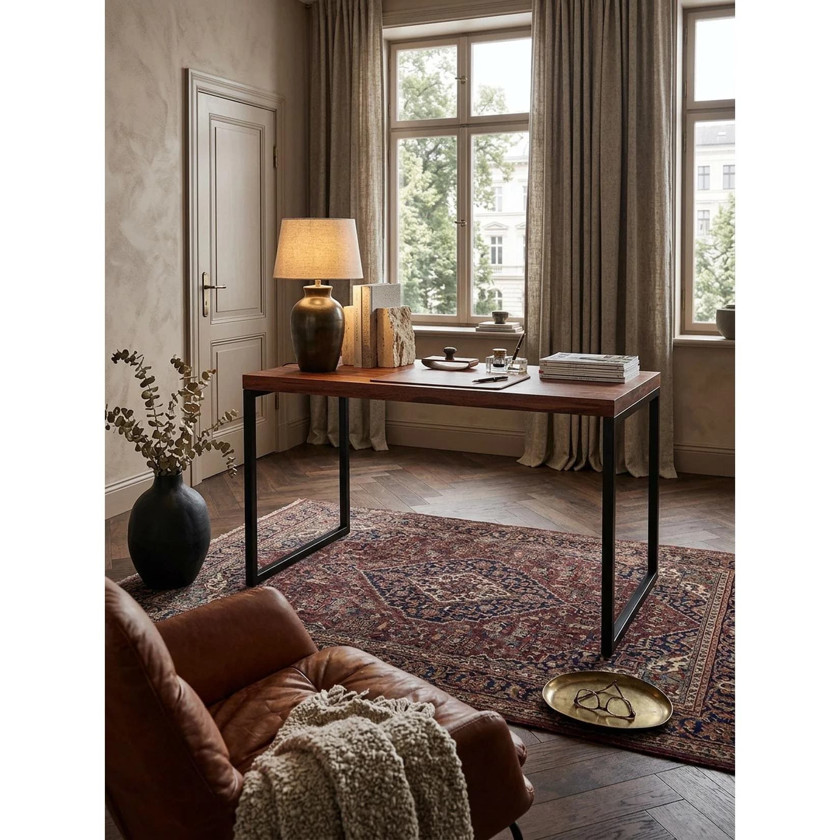 KADIMA DESIGN Schreibtisch Massivholz Metall Industrial Dunkel