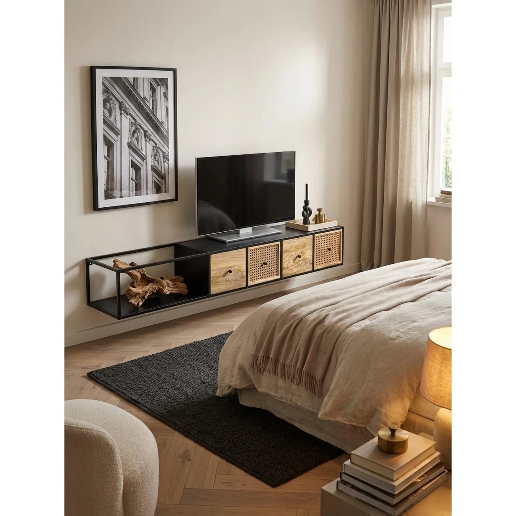 KADIMA DESIGN Hängendes Lowboard Mango Massivholz Metall Modern Stil Schwarz