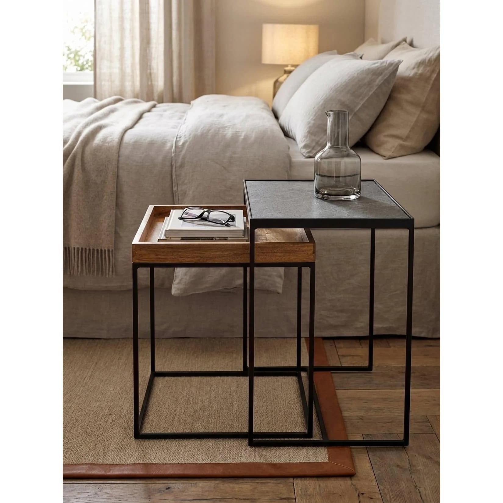 Couchtisch Set 2-tlg. Eckig Mango Massivholz Steinoptik Metall Industrial