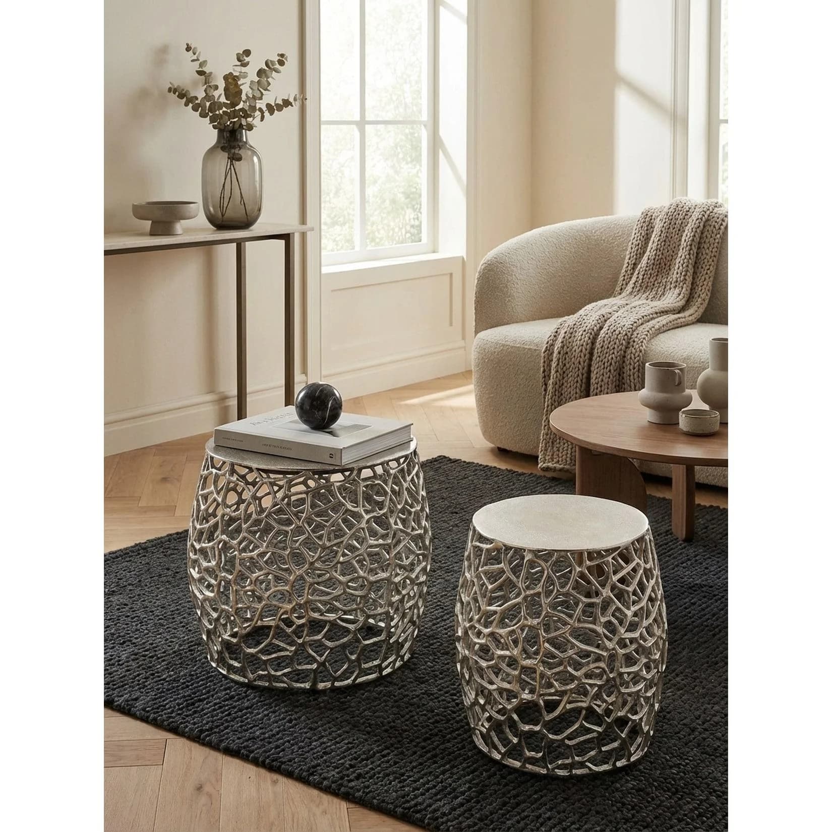 KADIMA DESIGN Satztisch Set rund Aluminium Silber Aststruktur 2-teilig modern