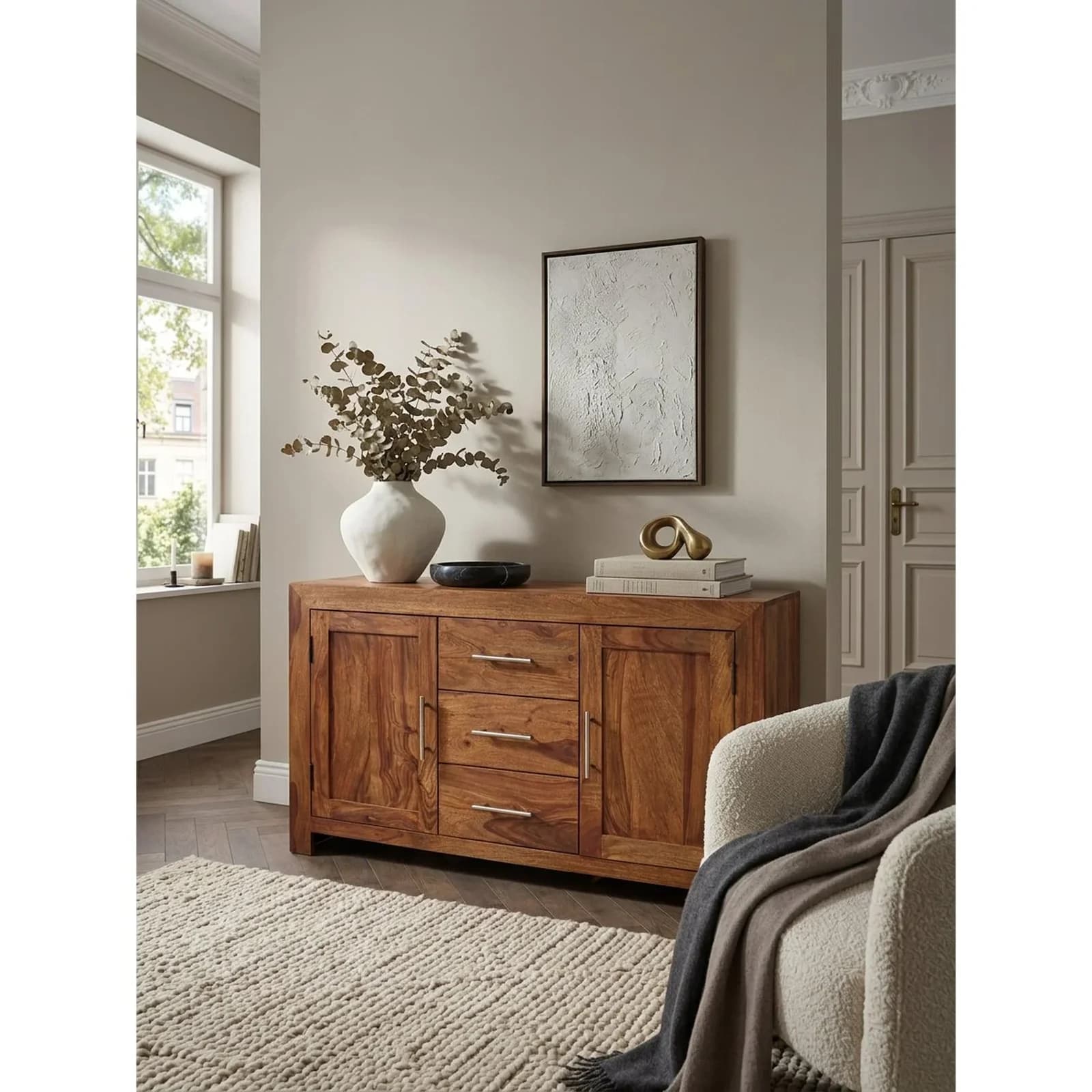 KADIMA DESIGN Sideboard Massivholz 118 cm 3 Schubladen 2 Türen Landhausstil