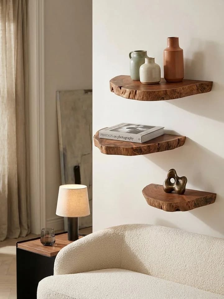 KADIMA DESIGN Wandregal 3er Set Akazie Vollholz Naturbaumkante