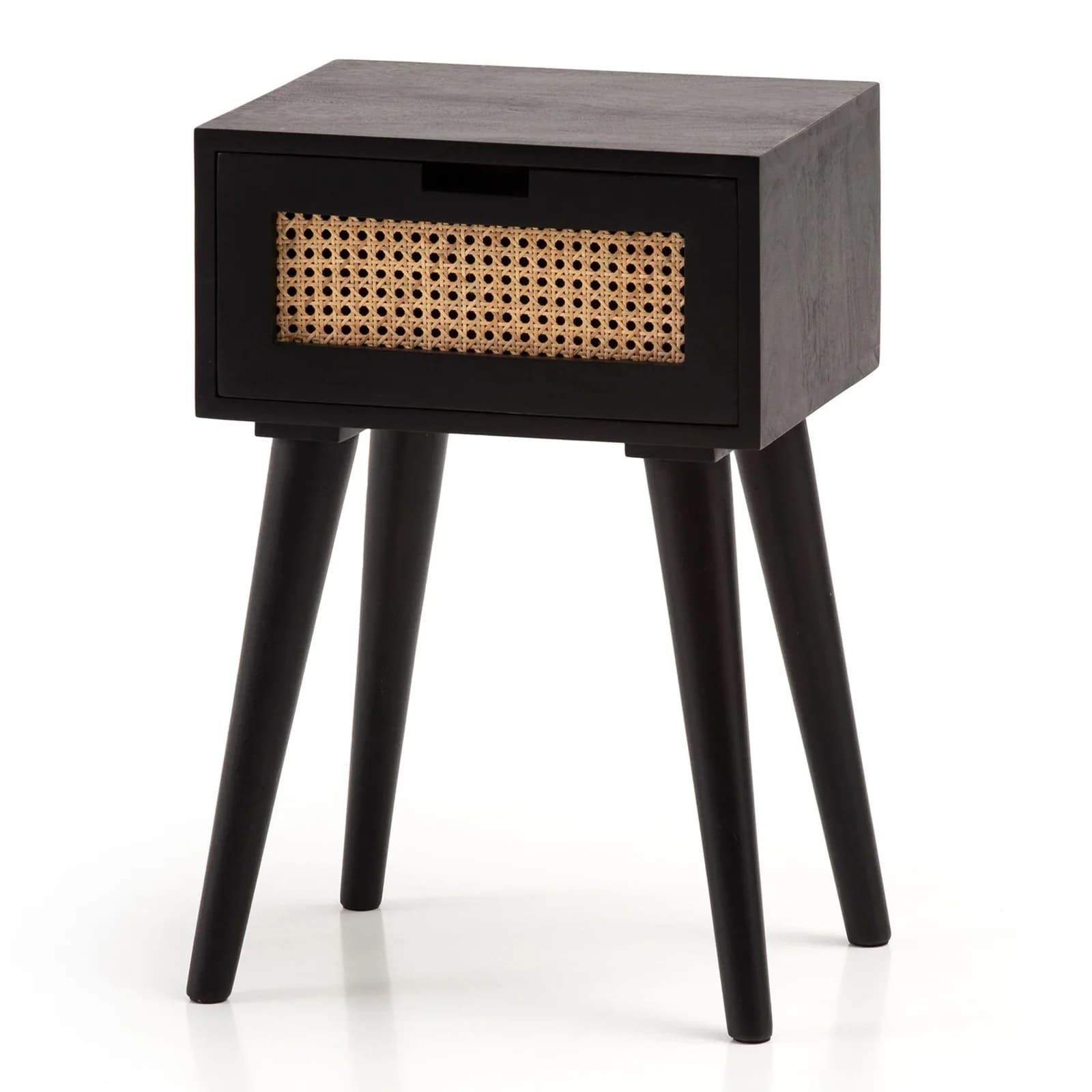 KADIMA DESIGN Nachttisch Mango Massivholz/Rattan Schwarz 1 Schublade