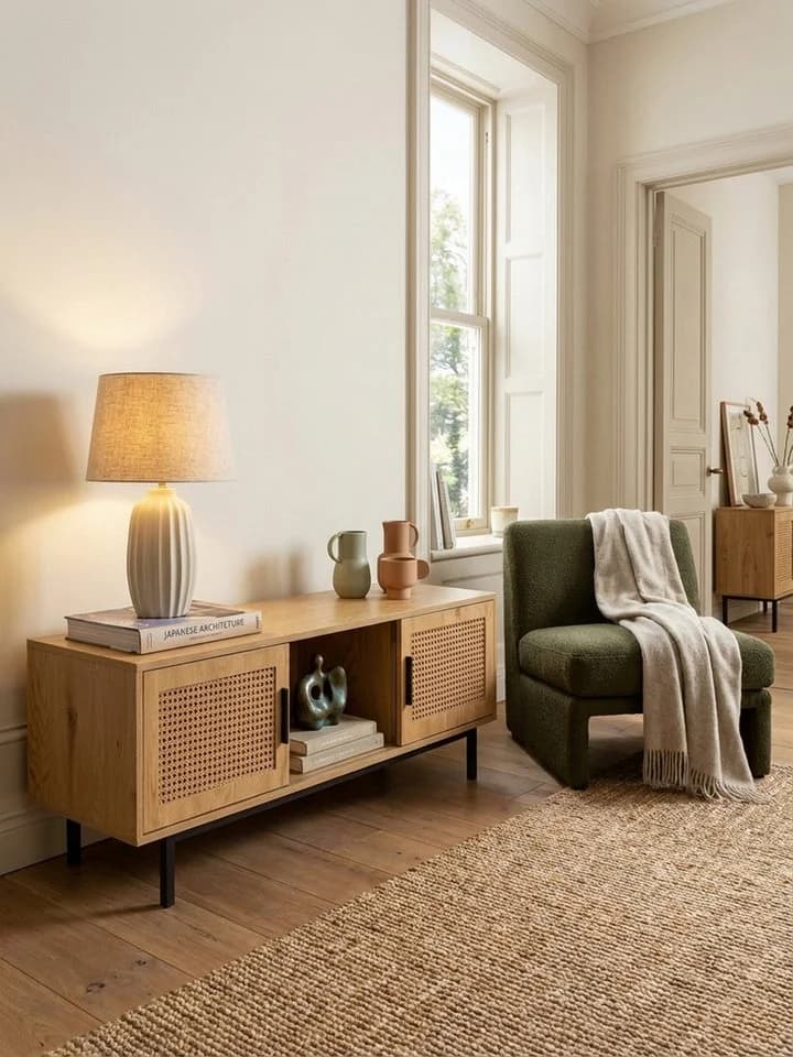 KADIMA DESIGN Lowboard Eiche-Dekor mit Wiener Geflecht Schiebetüren