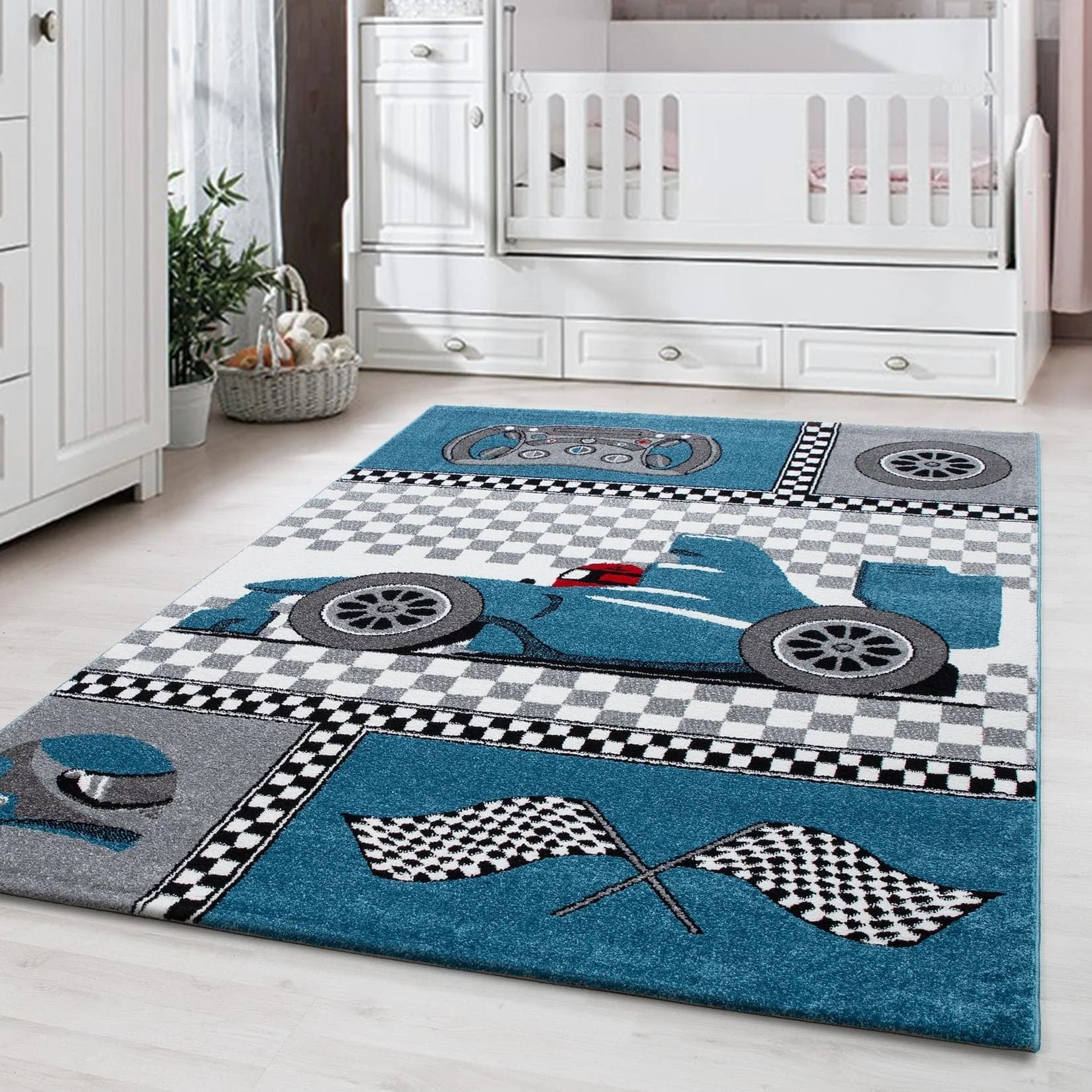 Kadima Design Spielteppich TASNA Blau Rennwagen-Motiv