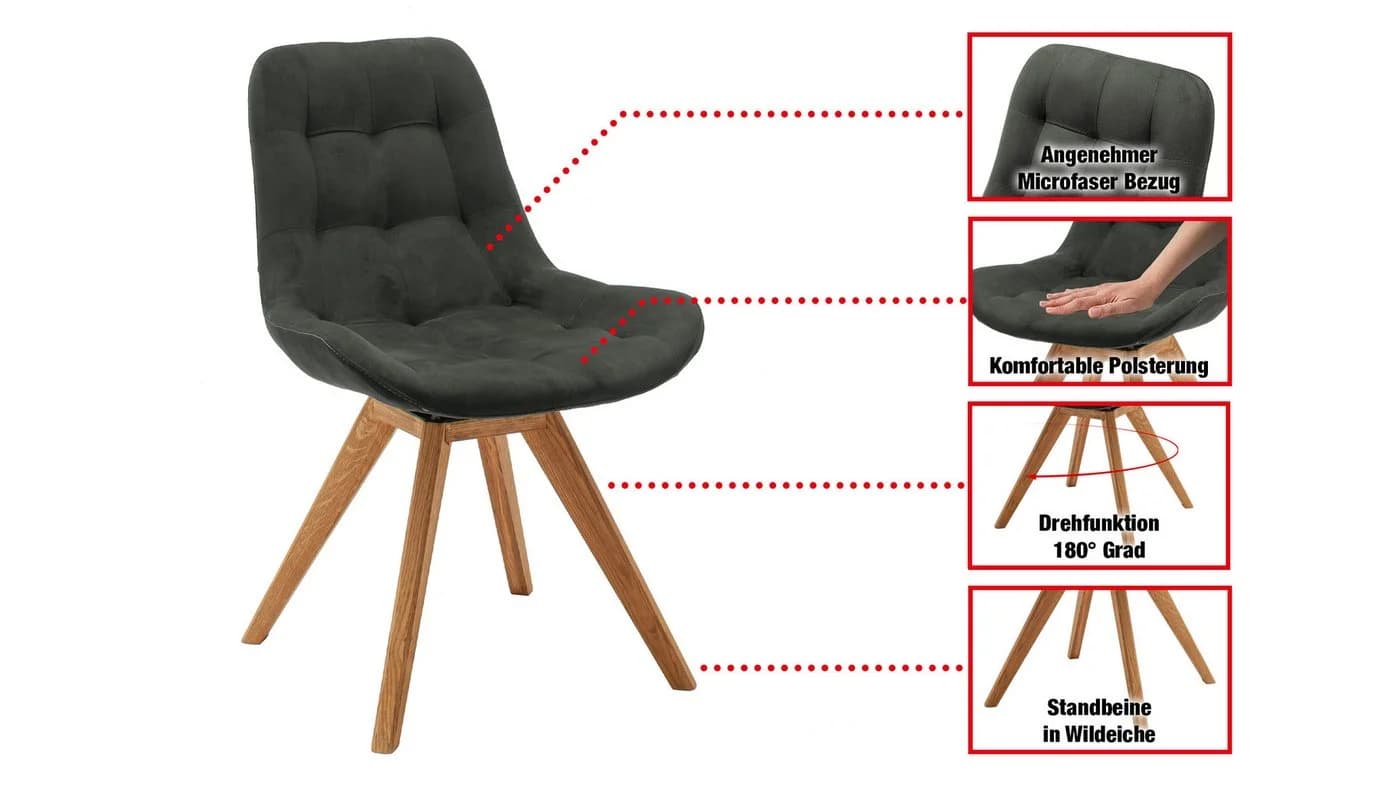 Massivart® Polsterstuhl drehbar BELFAST Wildeiche Microfaser Anthrazit