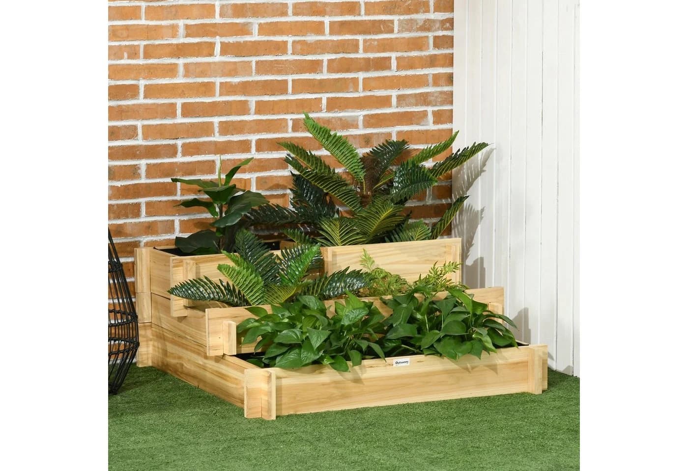 Outsunny Hochbeet 3-stufig Naturholz mit Stoffauskleidung
