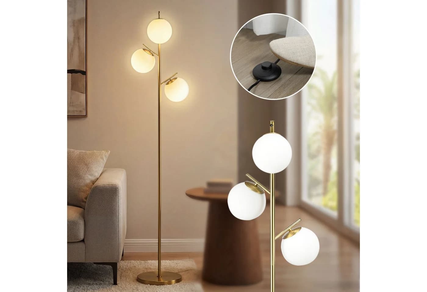 HOMCOM Stehlampe mit 3 E27 Fassungen Gold Weiß Metall Glas