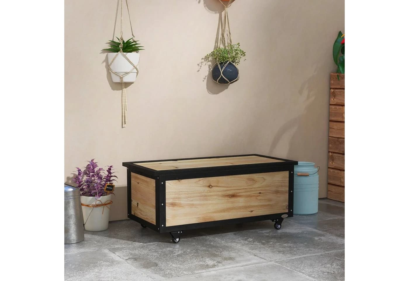 Outsunny Gartenbox 121L Holz mit Rollen Aufbewahrungsbox Natur