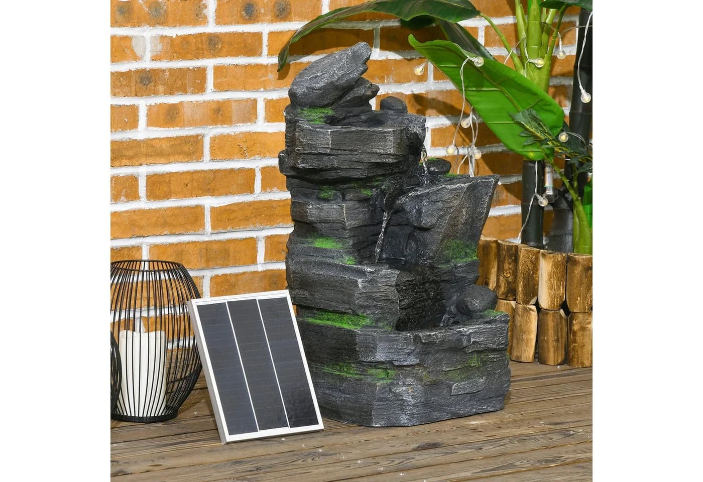 Outsunny Gartenbrunnen Zierbrunnen mit LED-Beleuchtung Grau Kunstharz