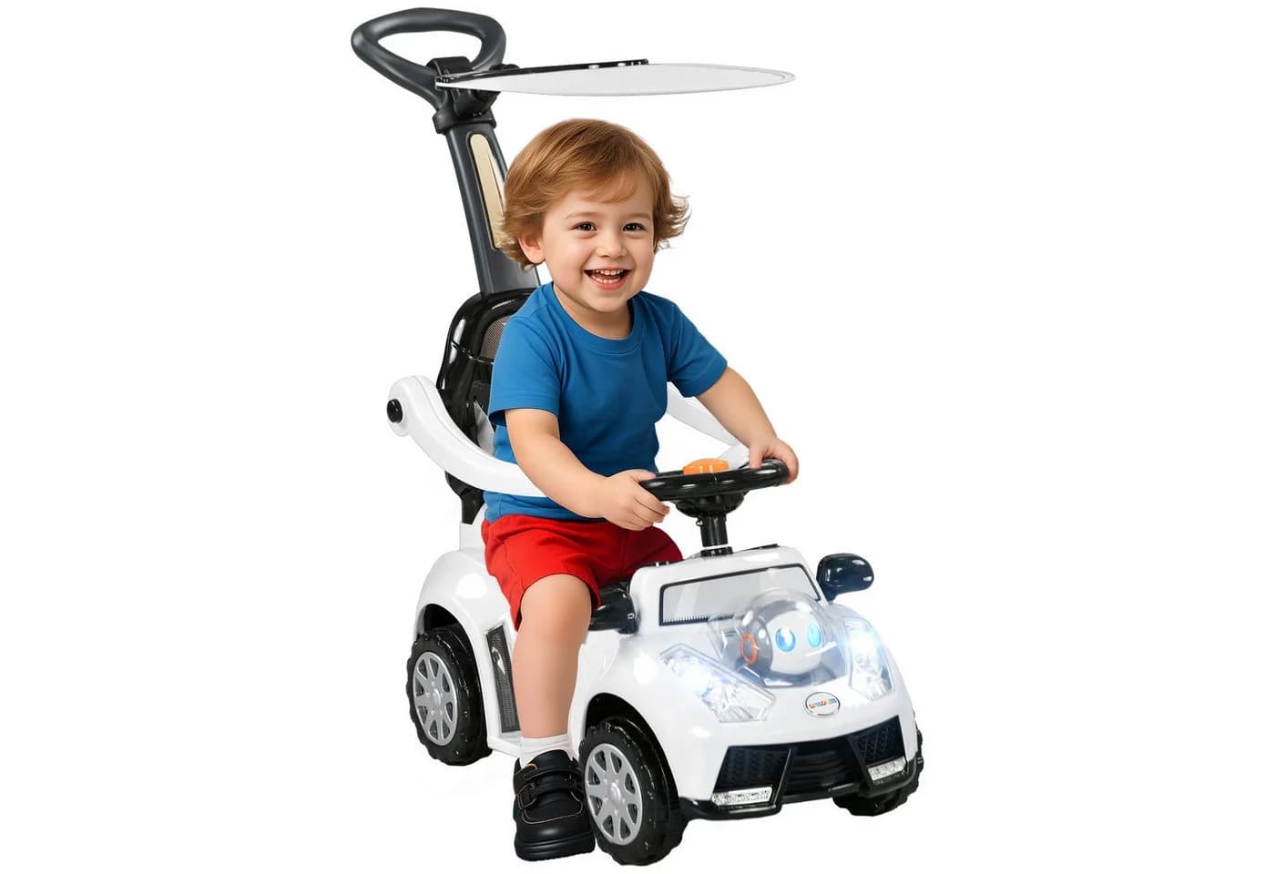 AIYAPLAY Rutschauto 3-in-1 mit Haltestange & Licht/Musik Weiß/Schwarz