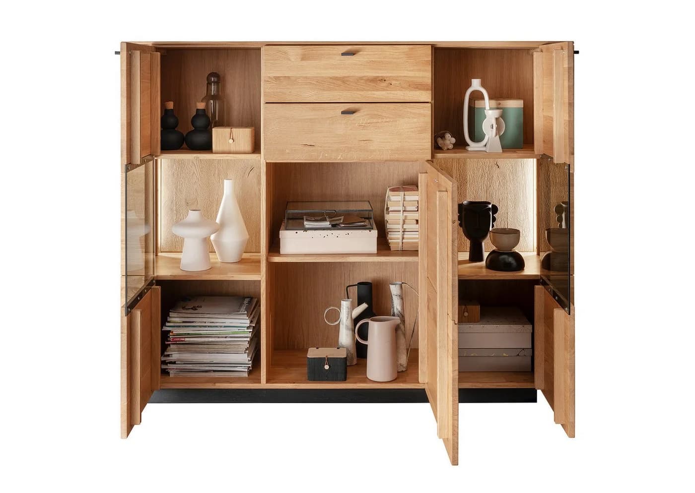 Woodroom Highboard Zwettl Wildeiche massiv geölt mit Rauchglas