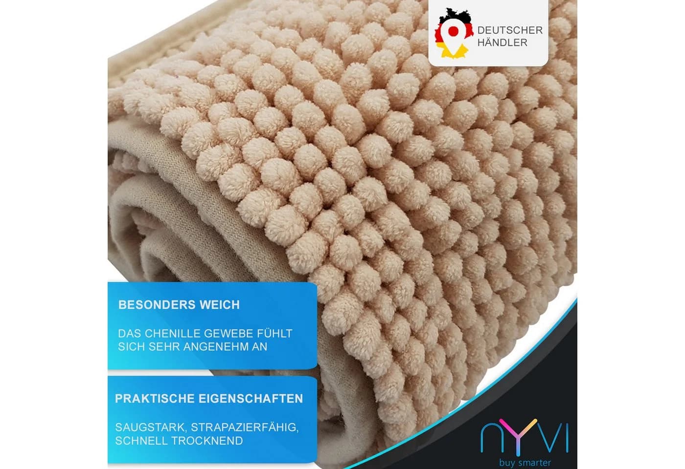 NYVI Badematten Set 2-teilig Chenille Beige Rutschfest Saugstark