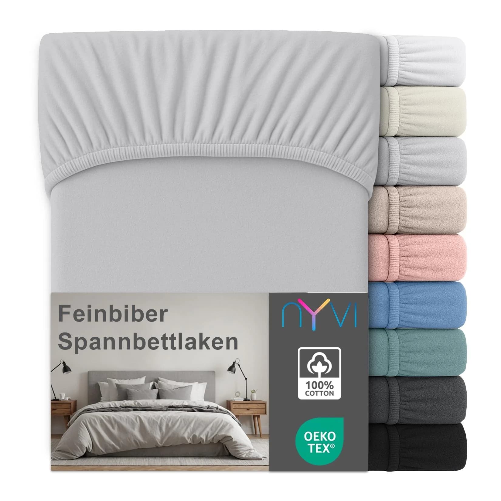 NYVI Feinbiber Spannbettlaken Deluxe 100% Baumwolle Silber