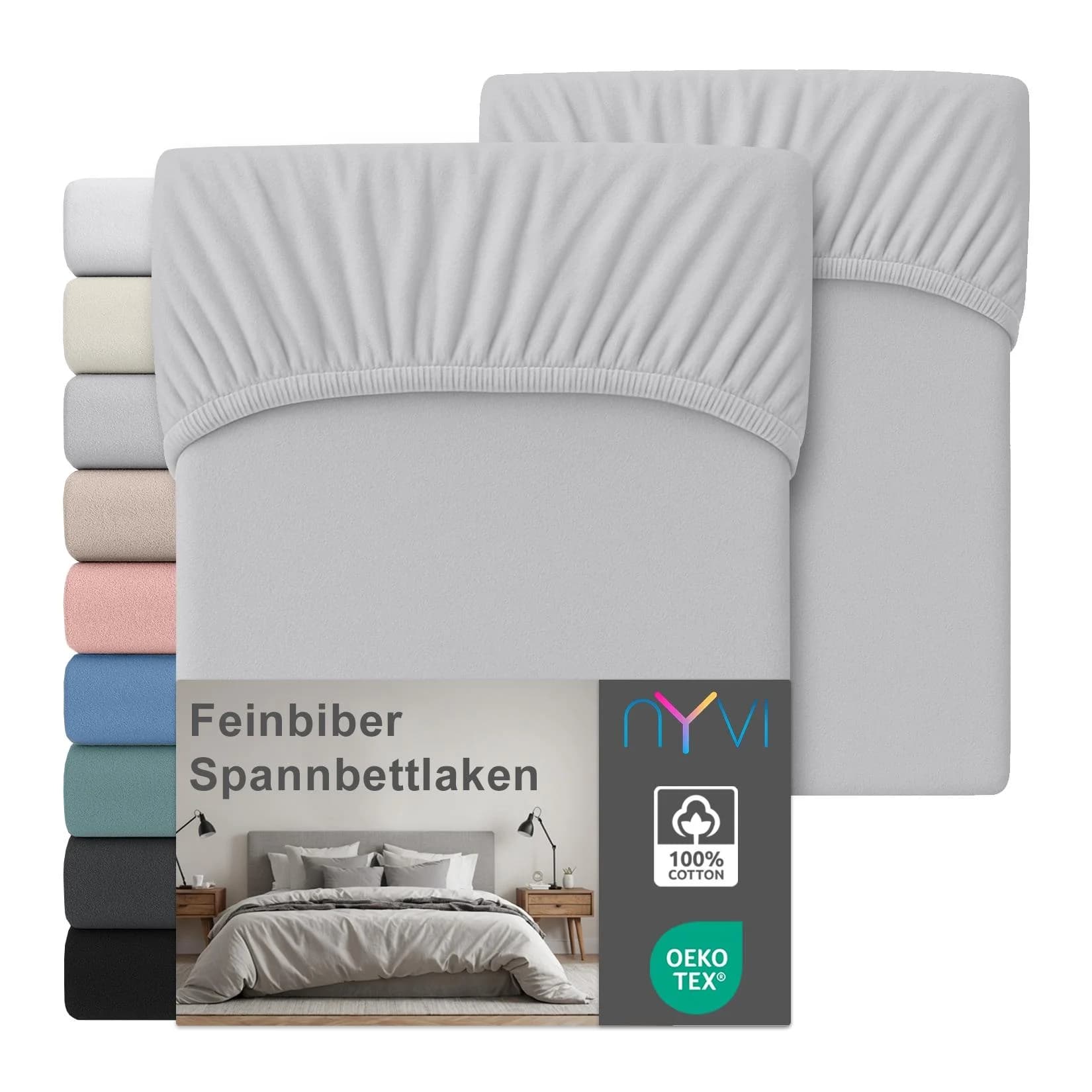 NYVI Feinbiber Spannbettlaken Deluxe 100% Baumwolle Bügelfrei Vorgekrumpft Silber 180x200 cm 2er Set