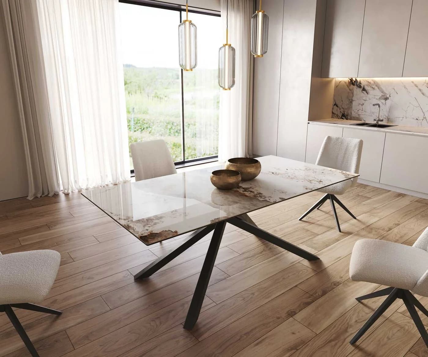 DELIFE Esstisch Edge Keramik Minas Melange Weiß-Beige Schwarz