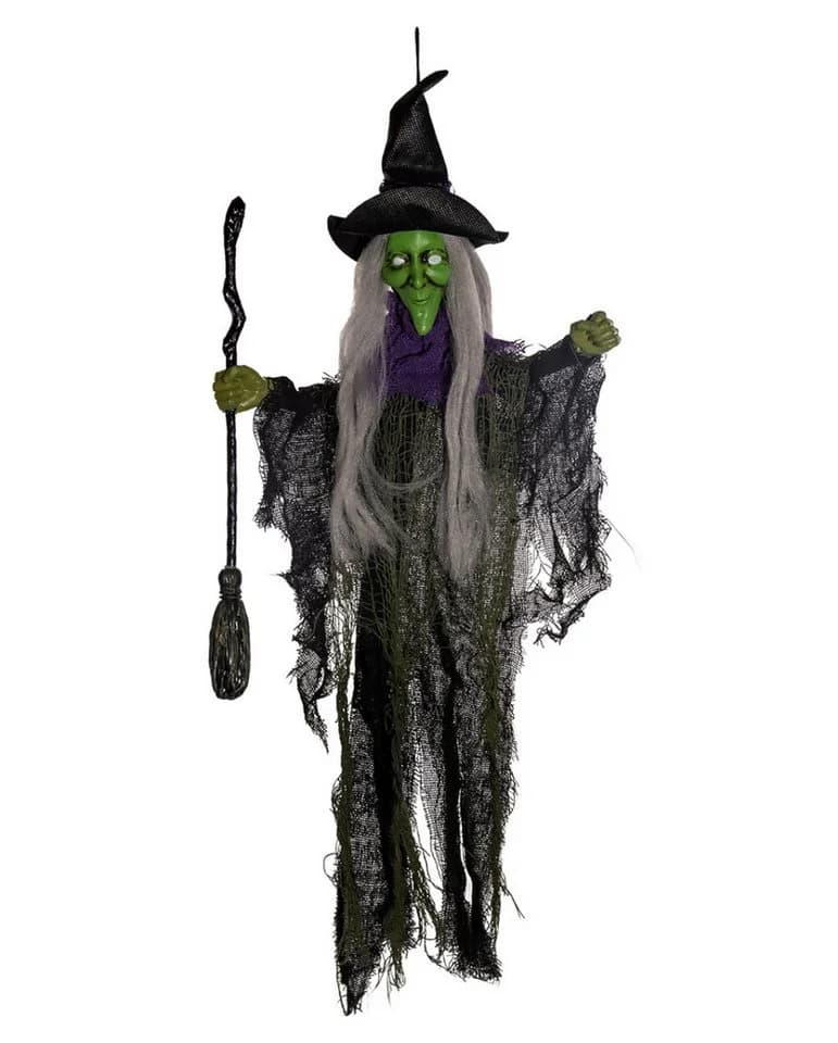 Horror-Shop Hängefigur Hexe mit Besen Schwarz/Violett