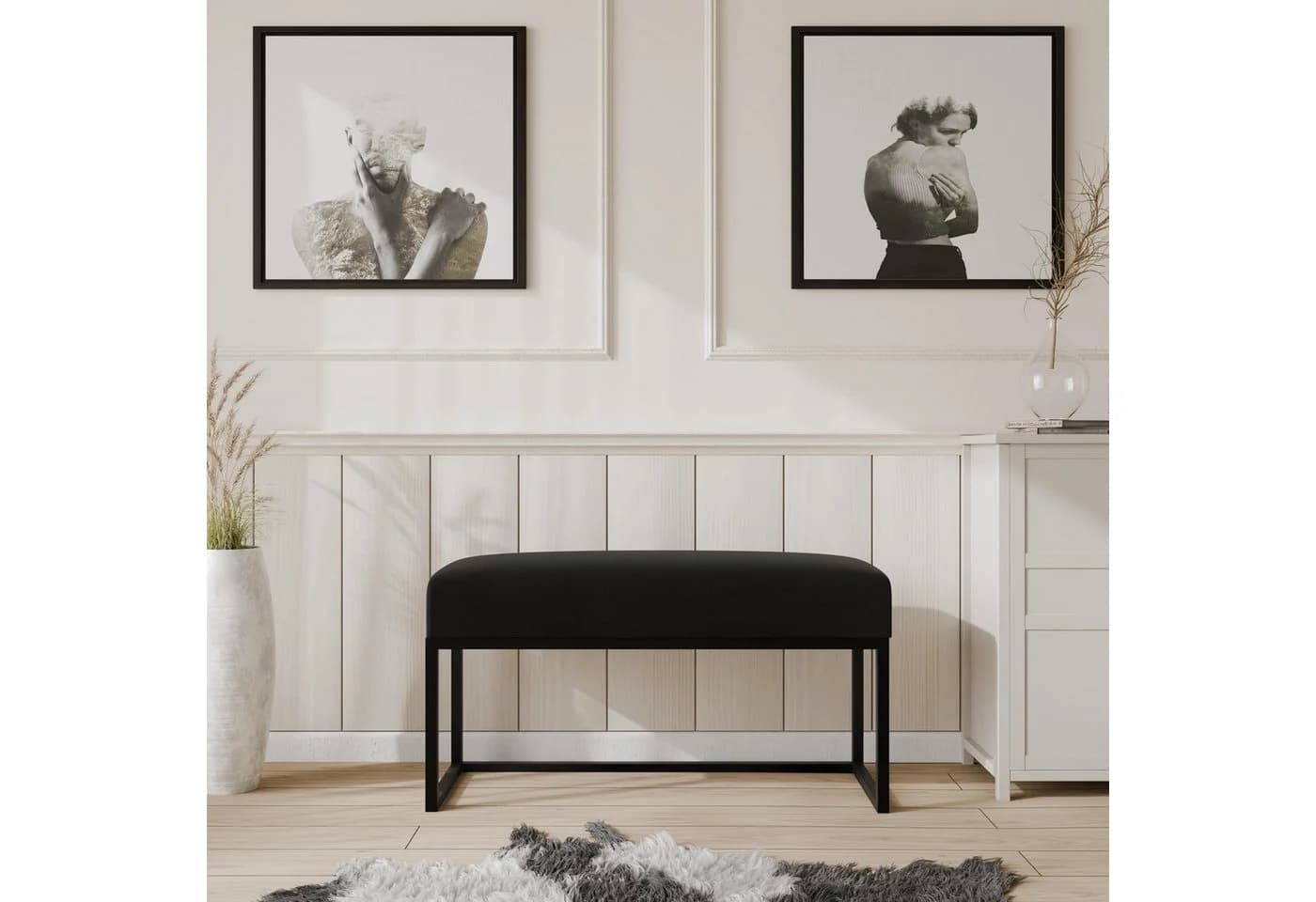 Design Möbel Gepolsterte Sitzbank mit Metallgestell Schwarz Modern