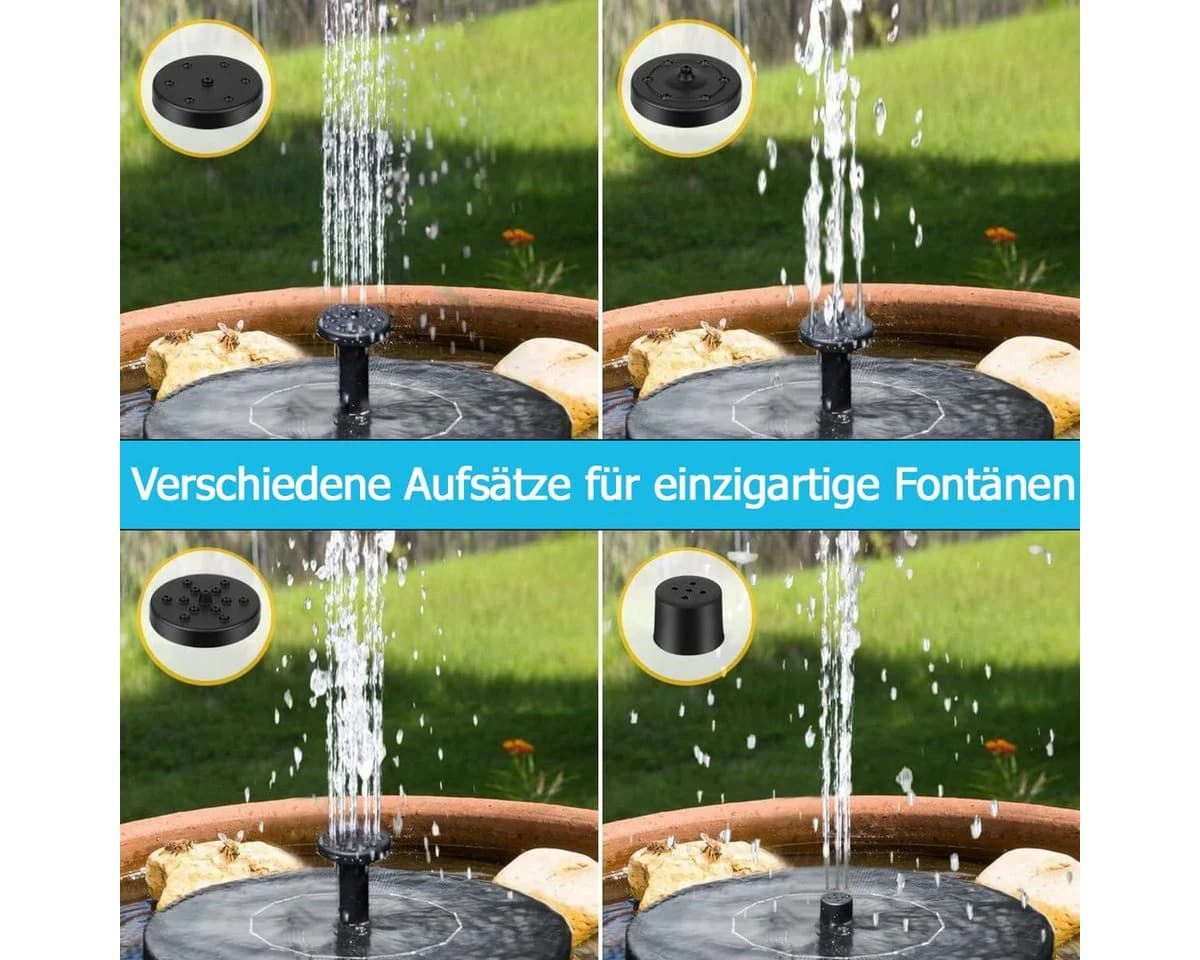 matches21 Solar-Brunnen Schwarz - Gartenfontäne mit 5 Aufsätzen