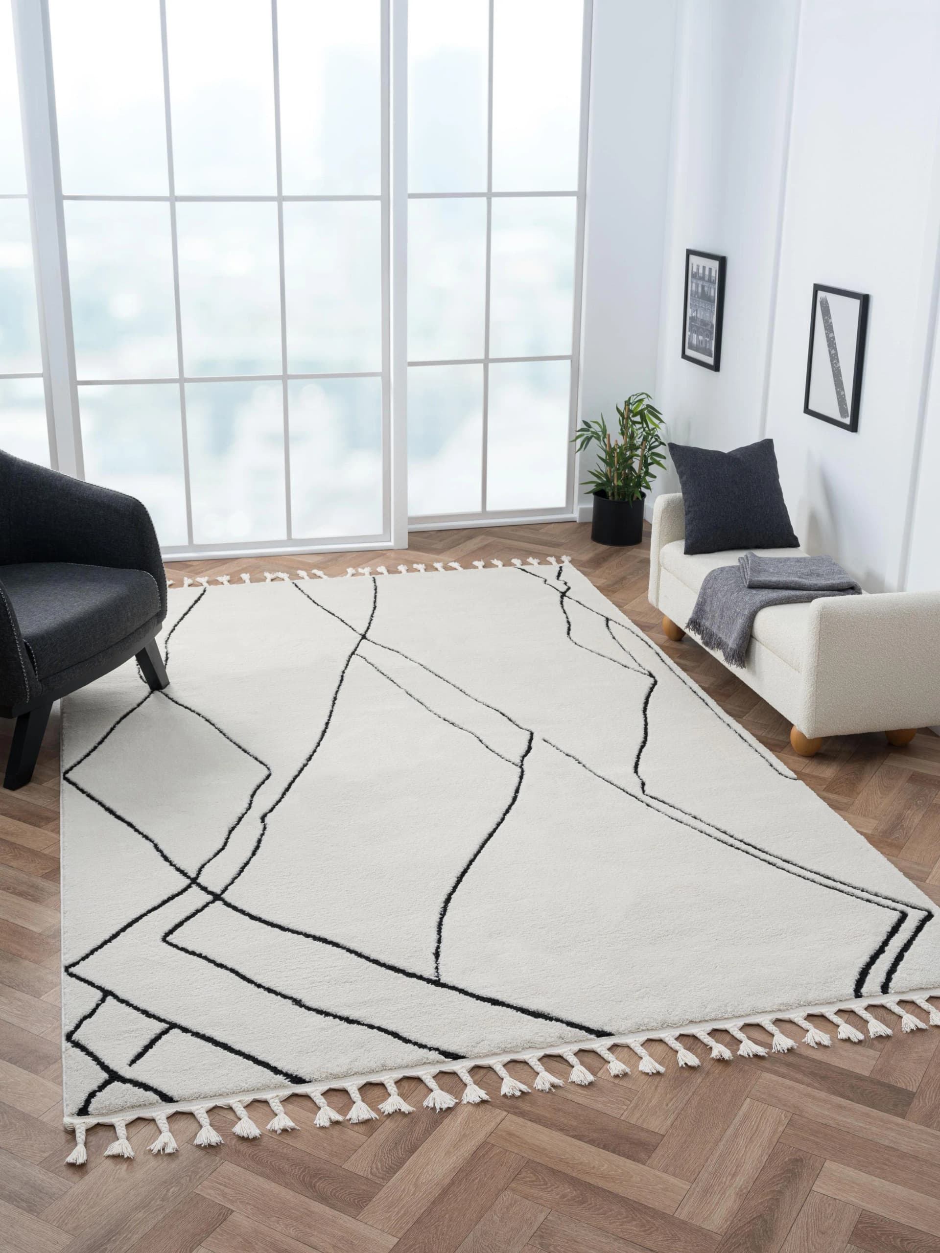 MyFlair Hochflor-Teppich Moroccan Drawline Schwarz-Weiß