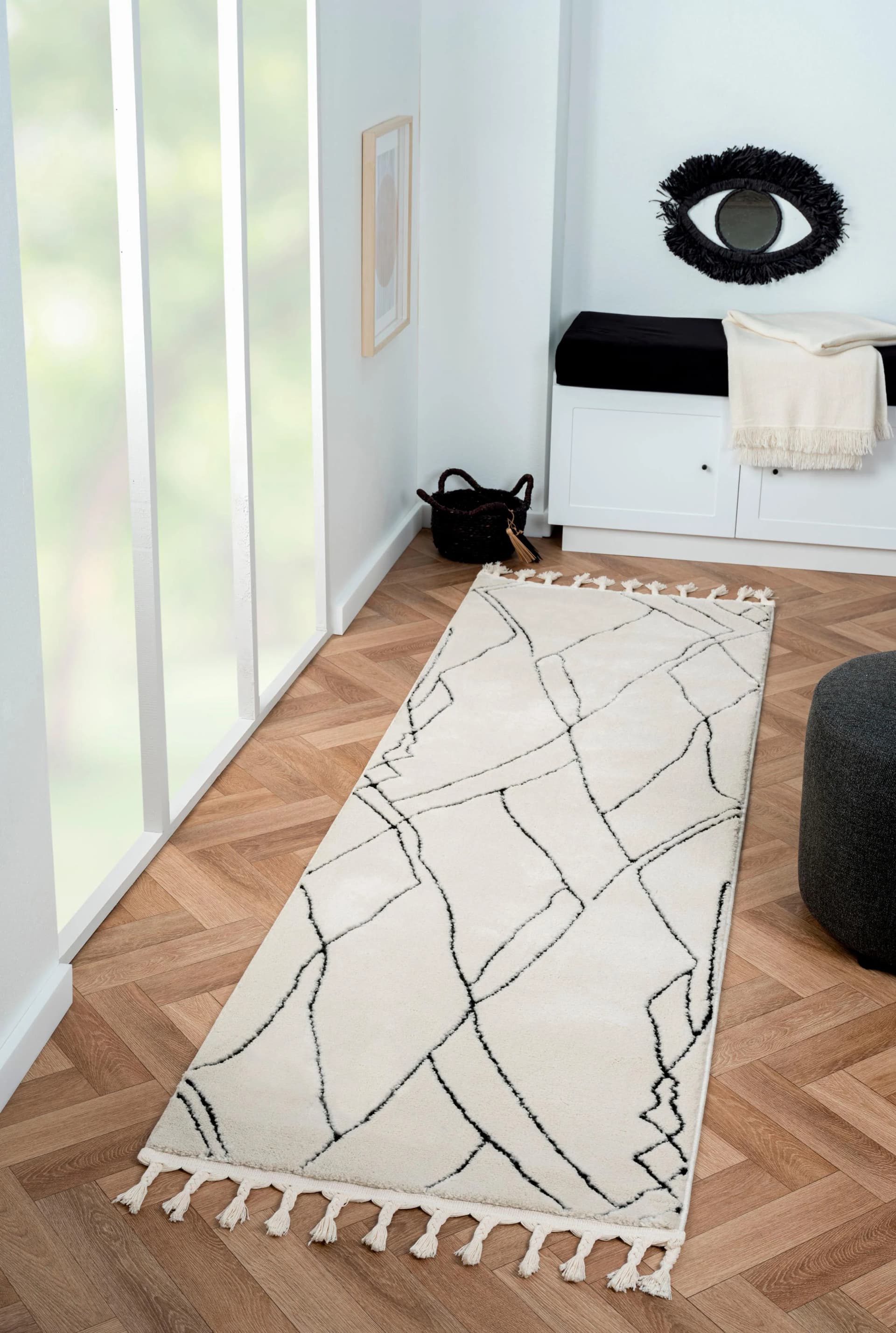 MyFlair Hochflor-Läufer Moroccan Drawline Schwarz-Weiß 80x250 cm