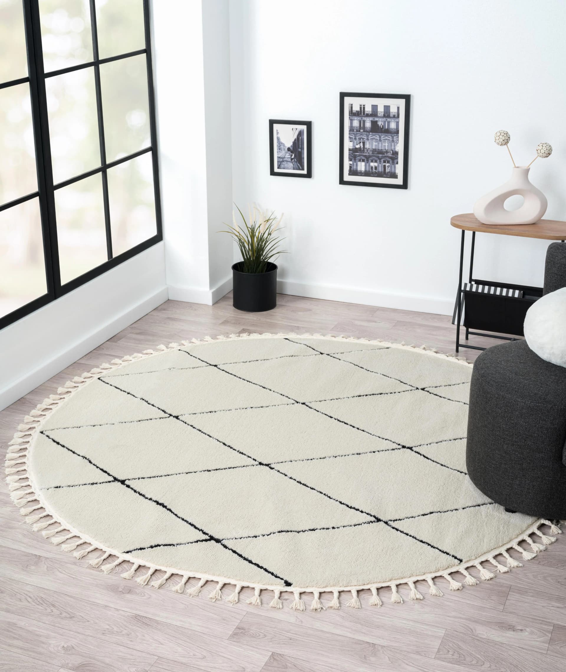 MyFlair Hochflor-Teppich Moroccan Diamond Schwarz-Weiß Rund 140cm