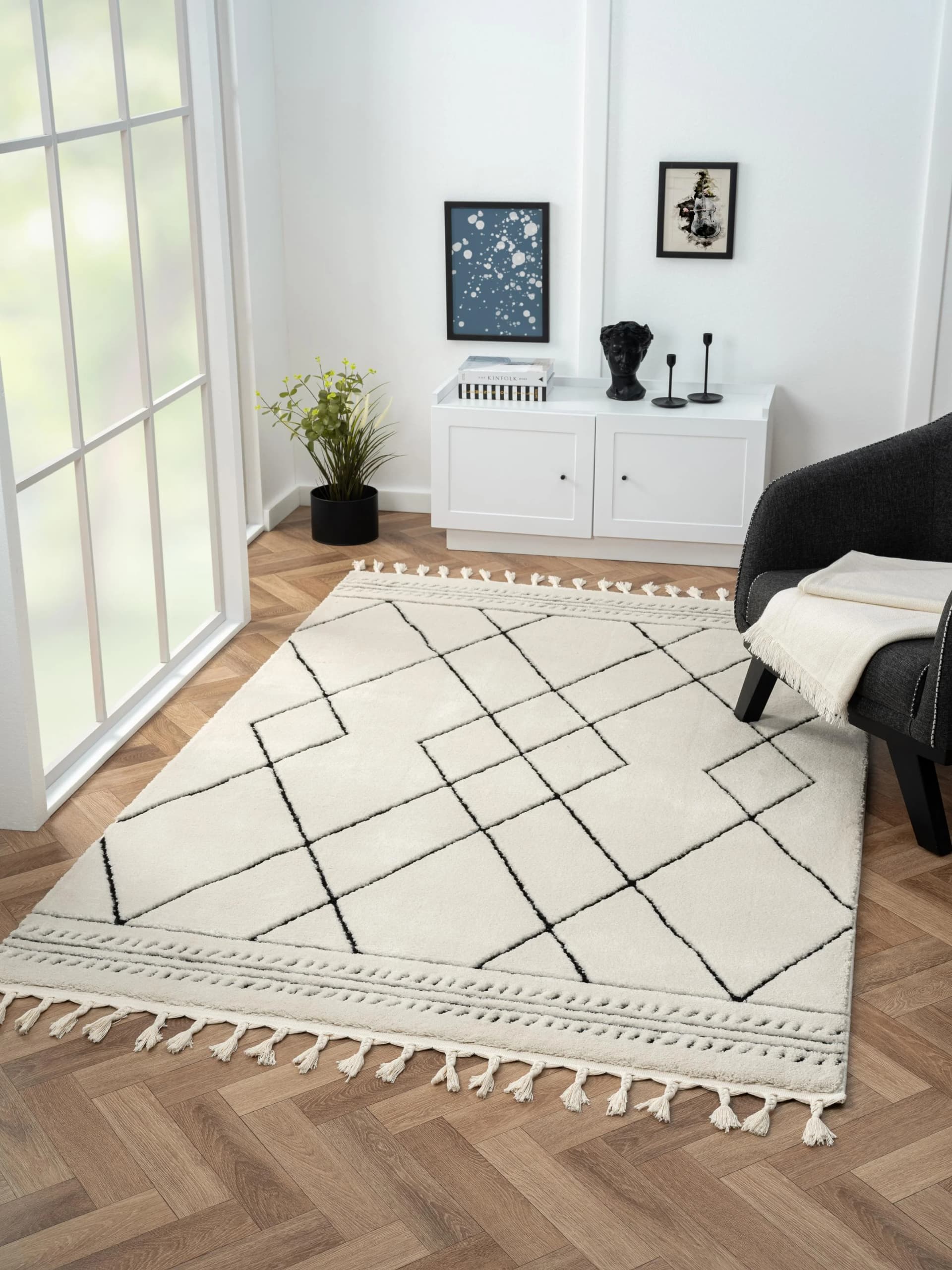 MyFlair Hochflor-Teppich Moroccan Design Grau Weiß Rauten Muster