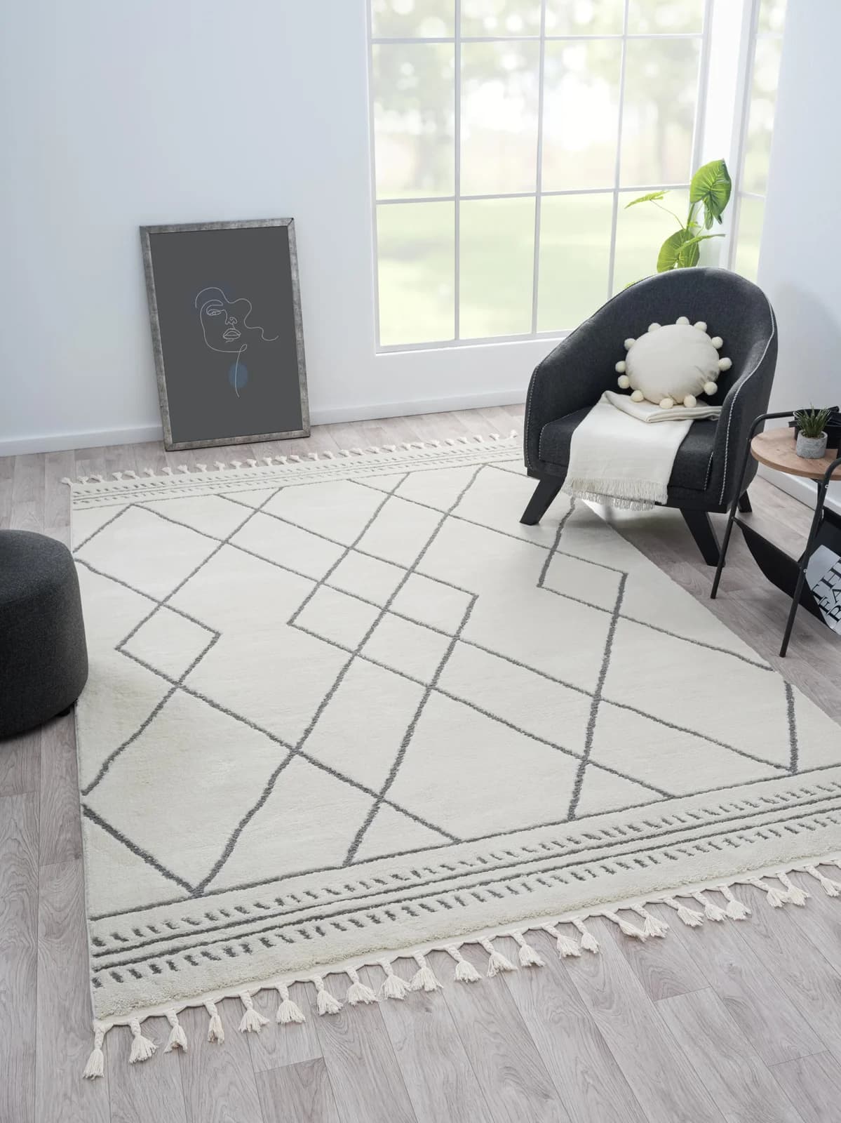 MyFlair Hochflor-Teppich Moroccan Design Grau/Weiß Rauten Muster