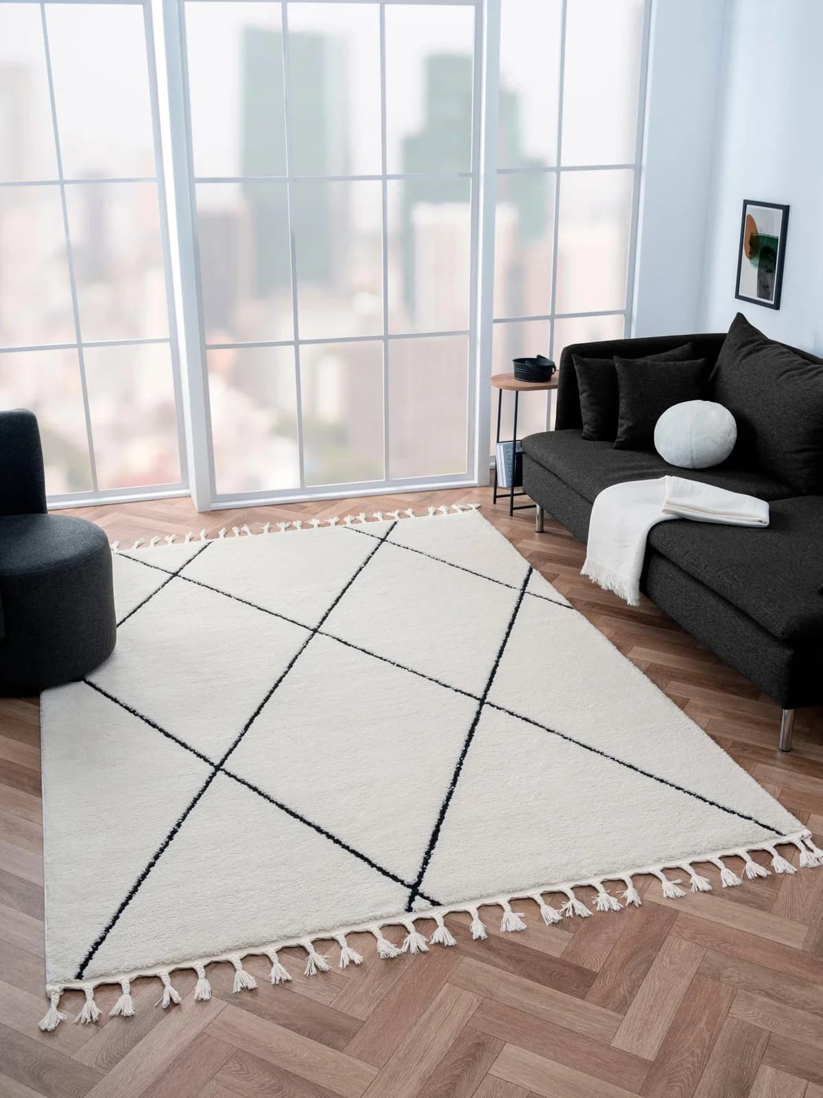 MyFlair Hochflor-Teppich Moroccan Pattern Schwarz-Weiß Rautenmuster