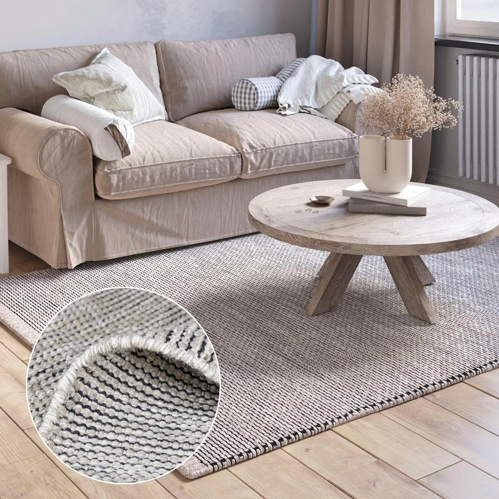 MyFlair Wollteppich Anisa Beige Grau Handgewebt Wendeteppich