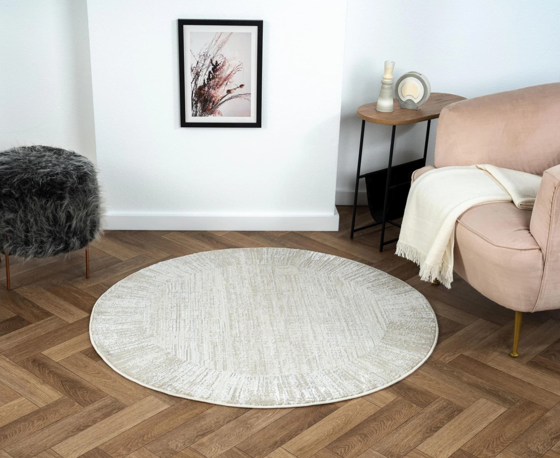 MyFlair Teppich My Heaven Rund Beige/Weiß/Grau Polyester Kurzflor
