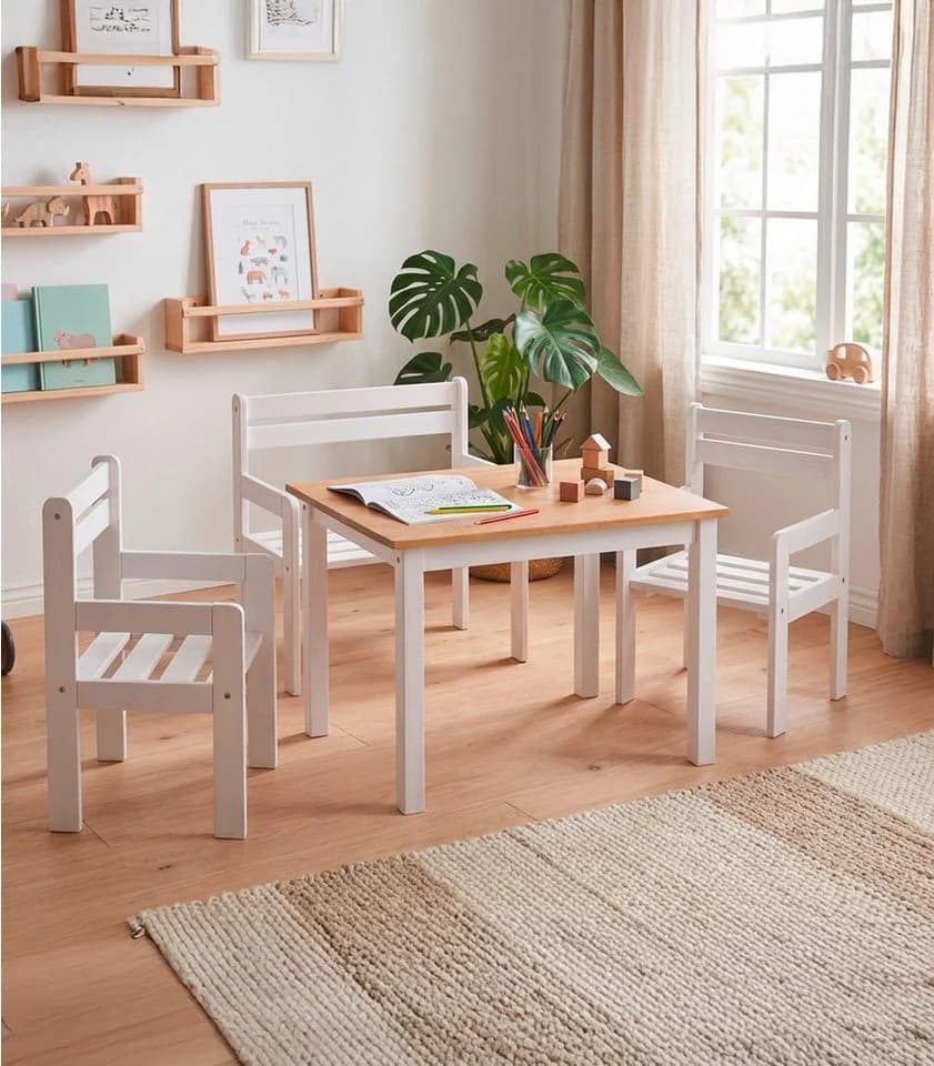 Home4You Kindersitzgruppe Kiefernholz massiv 4-tlg Tisch Bank Stühle