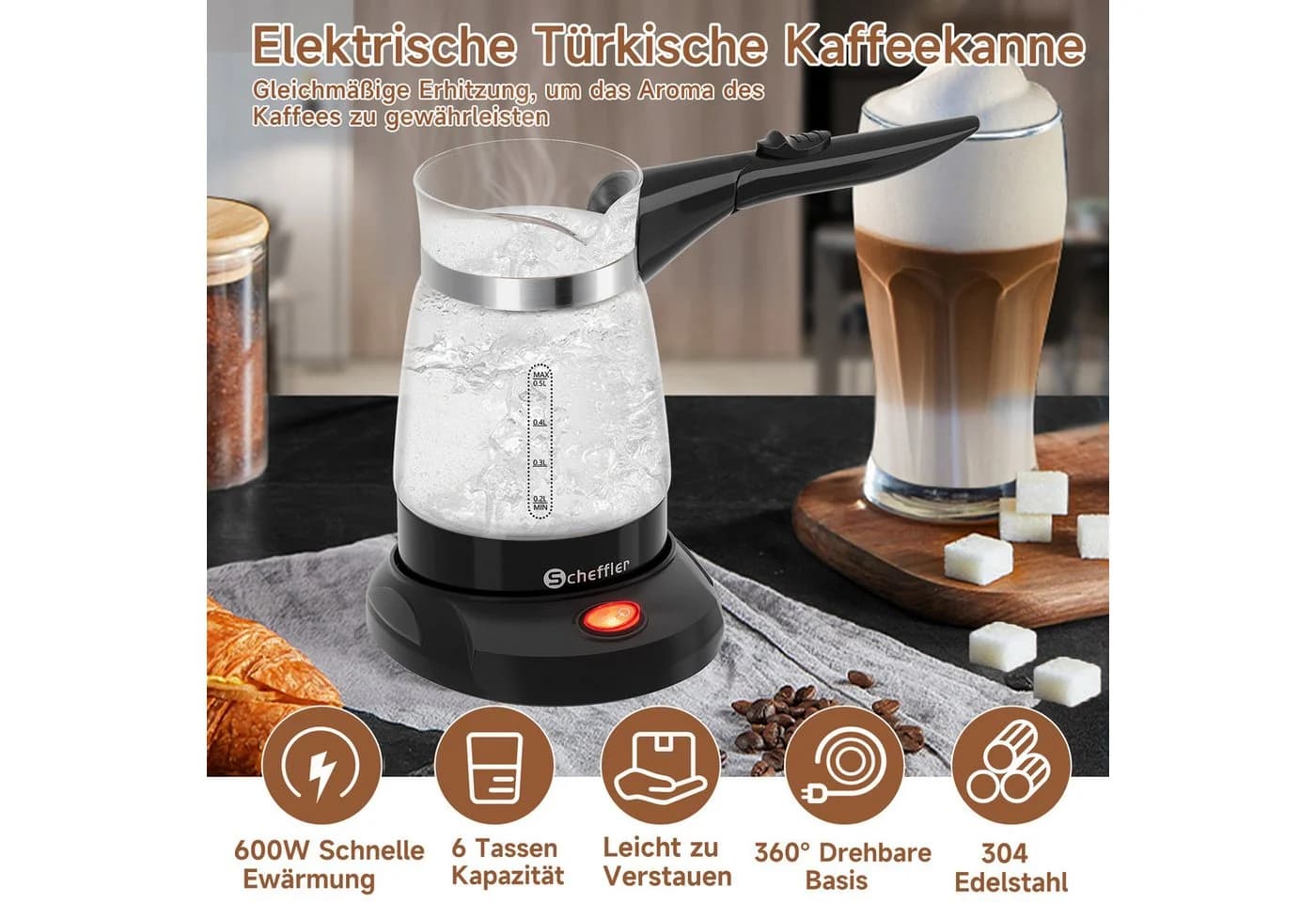 Scheffler Elektrische Kaffeekanne Glas 0,5l Schwarz