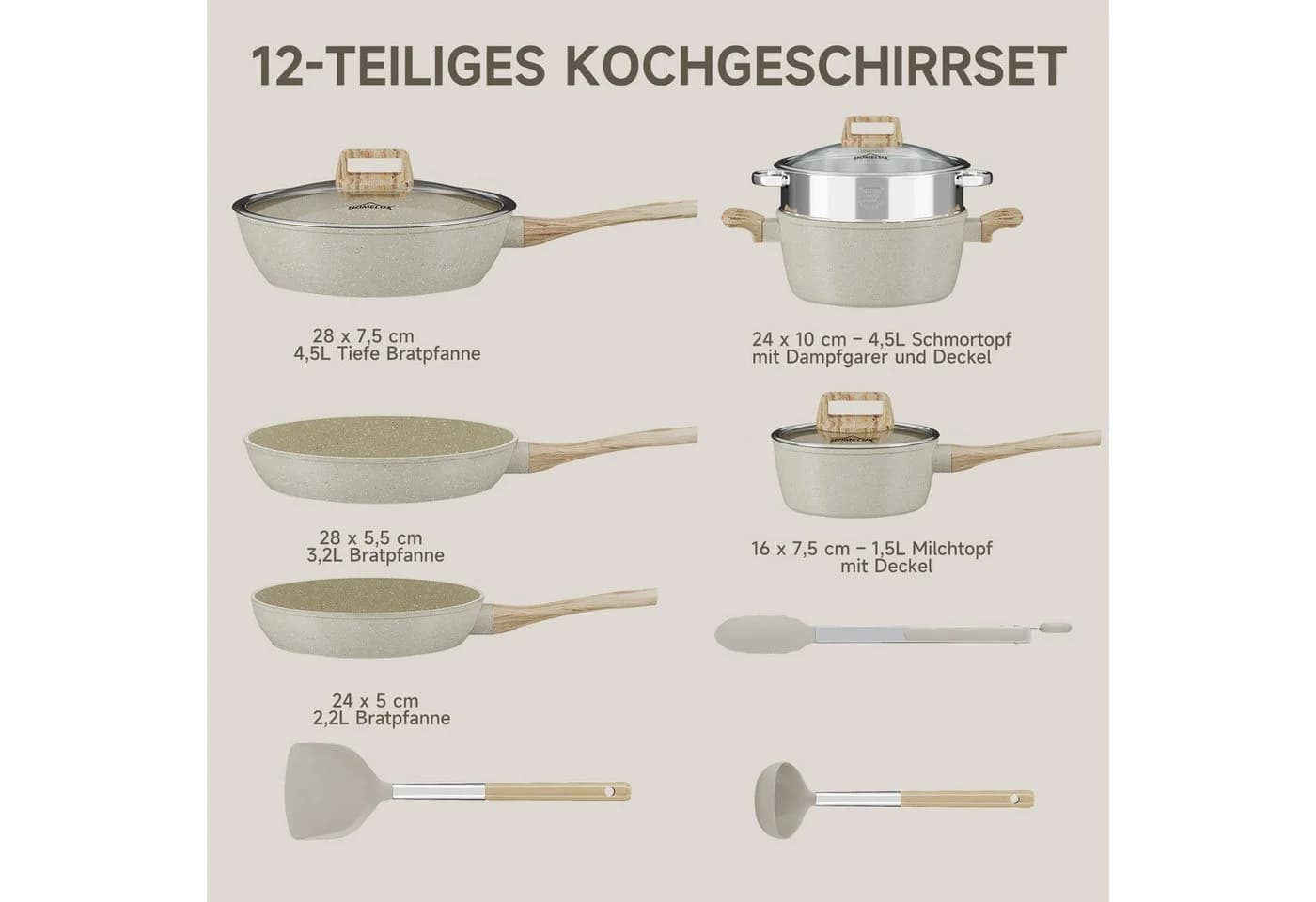 HOMELUX Topf-Set 12-tlg. Induktion Aluminium Edelstahl Beige/Schwarz