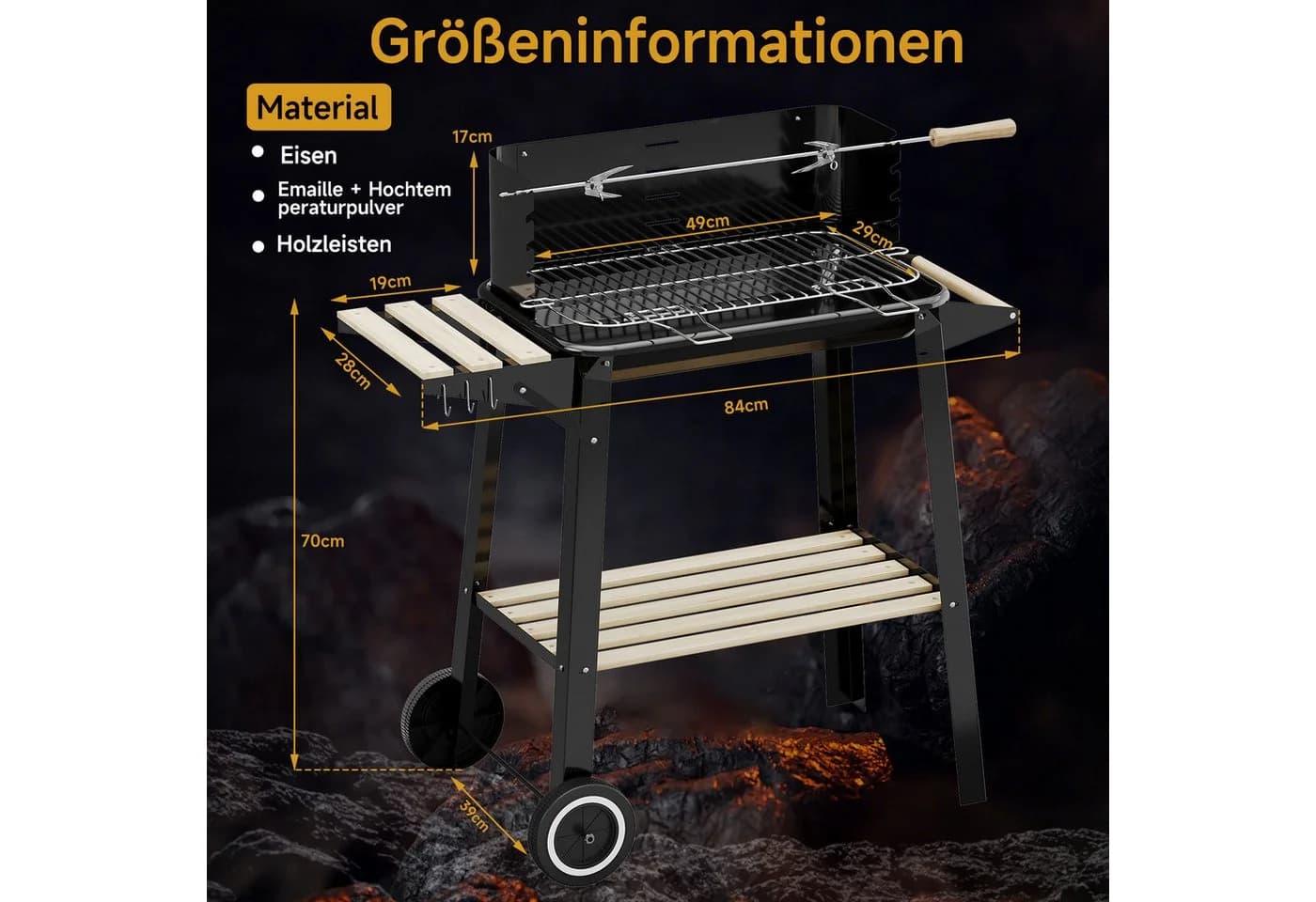 HOMELUX Holzkohlegrill Grillwagen höhenverstellbar mit Rädern