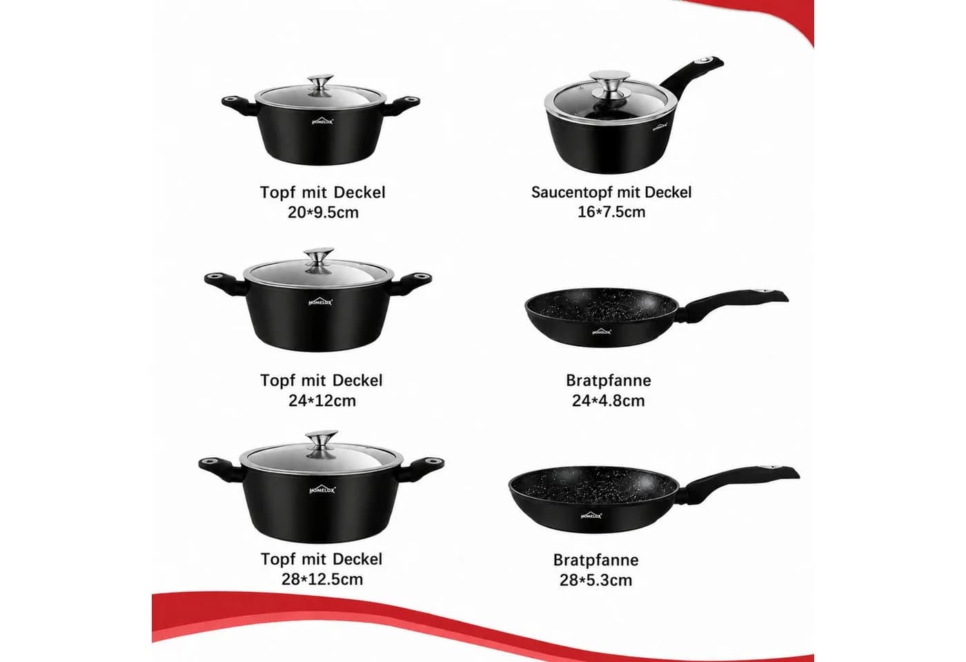 HOMELUX Topf-Set 15 tlg Aluminium mit Glasdeckel & Antihaftbeschichtung